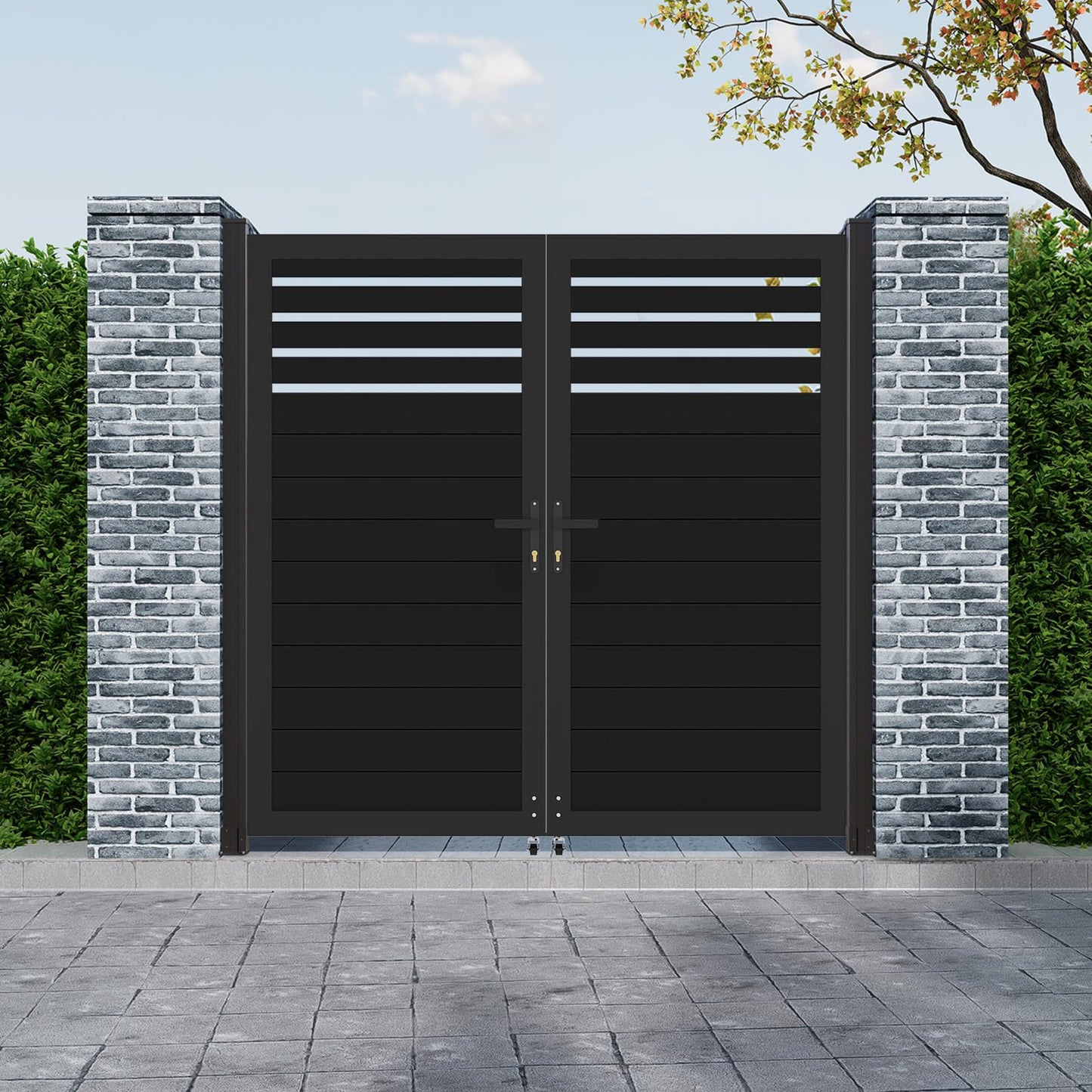 Mondaria Aluminum Double Fence Gate, 6FT H x 6FT W Outdoor Driveway Privacy Gate with Heavy Duty Metal Frame, Rustproof Powder-Coated Gate with Lockable Handle Kit, Semi-Privacy (Posts Not Included)