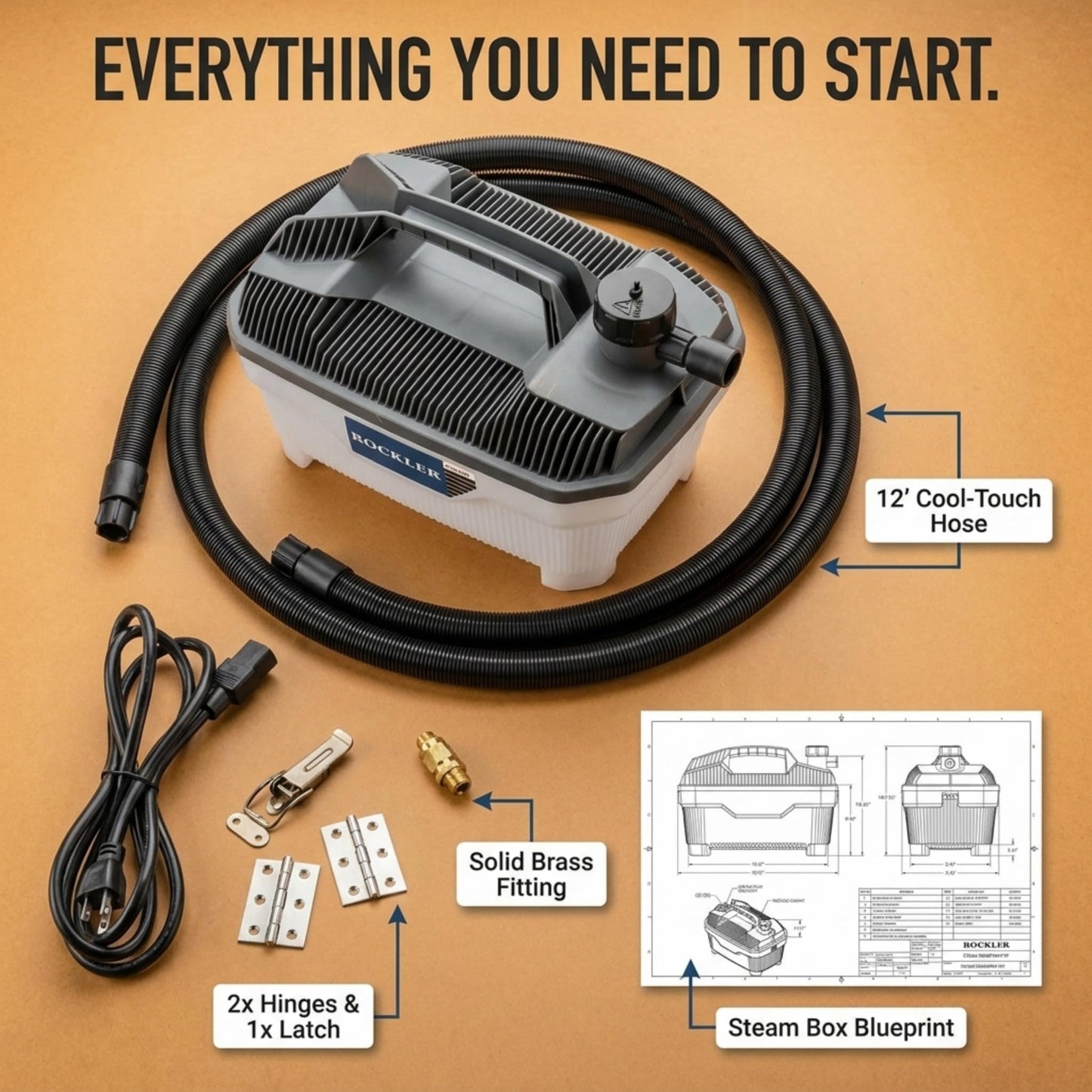 Steam Bending Wood Kit w/Steam Box Plan, Hinges, Latch & 1.3-Gallon Generator - Efficient & Safe Steam Generator for Bending Wood - Compact Professional Steamer for Curved Woodworking Projects