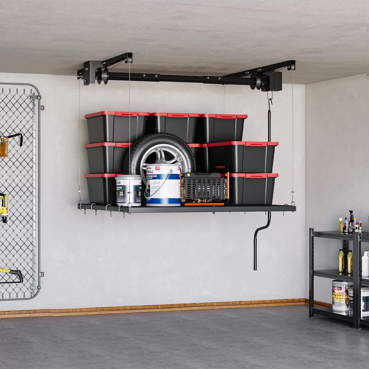 GarveeTech Overhead Garage Storage Rack, Heavy Duty Adjustable 4x4 ft Ceiling Mounted Storage Racks, 350 Lb Capacity Overhead Garage Storage Rack with Manual Safety Lock for Garage Ceiling Storage