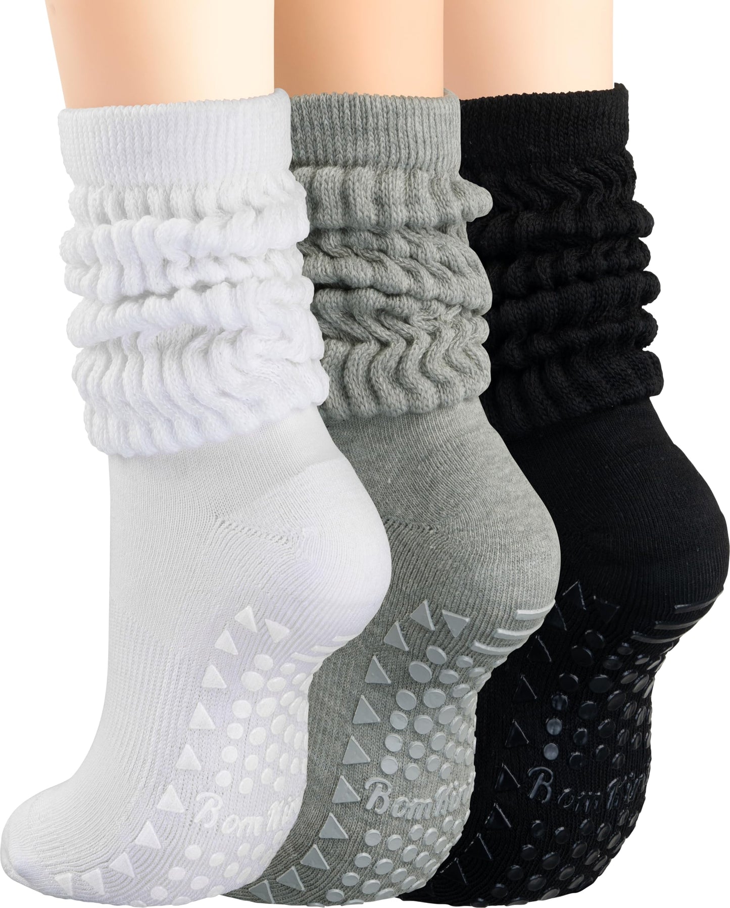 BomKinta Pilates Socks with Grips for Women Yoga Grippy Slouch Scrunch Sock Slipper Socks for Barre Workout Hospital Gifts Size 5-11 3 Pairs Black White Grey