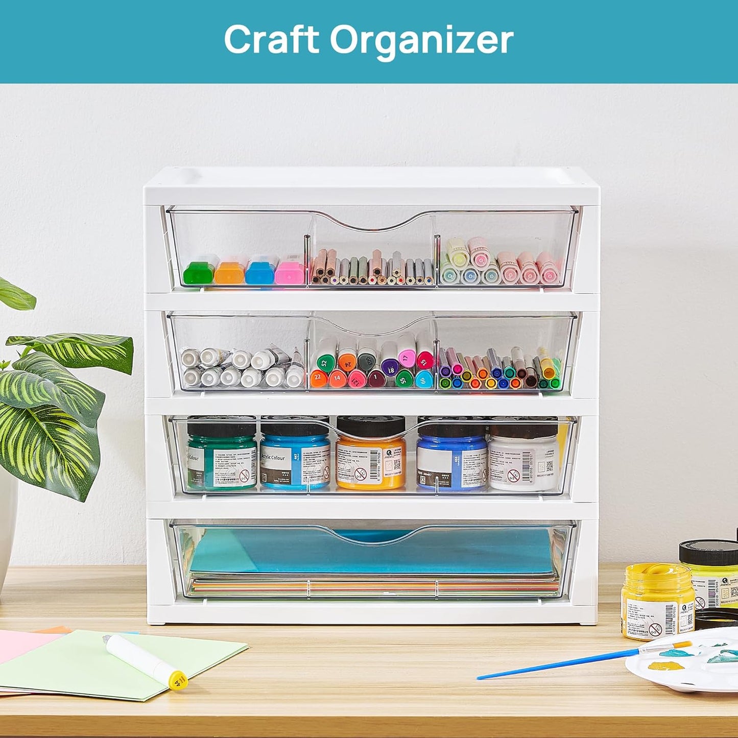 Vtopmart Clear Desk Organizer - 4-Tier Desktop File Organizer with Drawers for Office Supplies