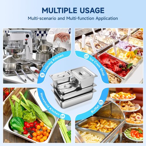 Hotel Pan with Lids 6 Pack 1/4 Size 4" Deep Stainless Steel Steam Table Pan, Commercial Food Pans for Catering Buffet Chafing Dish Pans Metal Steam Tray (1/4 Size x 4 Inch Deep, 6 Pack)