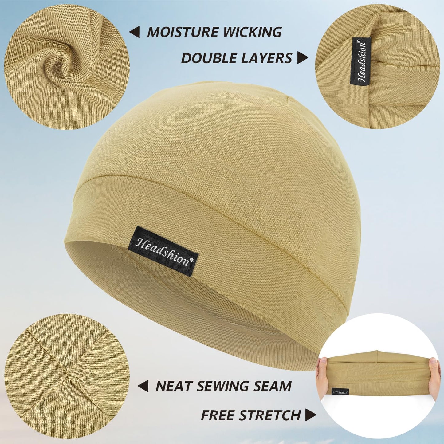 Headshion Cotton Skull Caps for Men Women,4-Pack Lightweight Beanie Sleep Caps Chemo Headwear 4 Beige