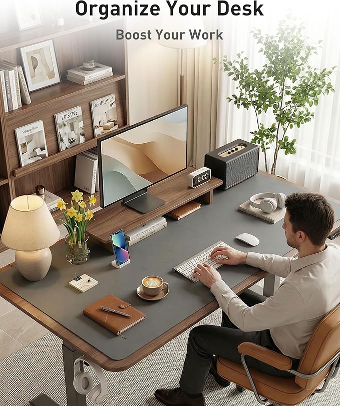 Aothia Faux Leather Desk Mat - Large Mouse Pad, Non-Slip PU Leather Blotter, Waterproof Writing Surface for Office and Home (Grey, 42" x 17")