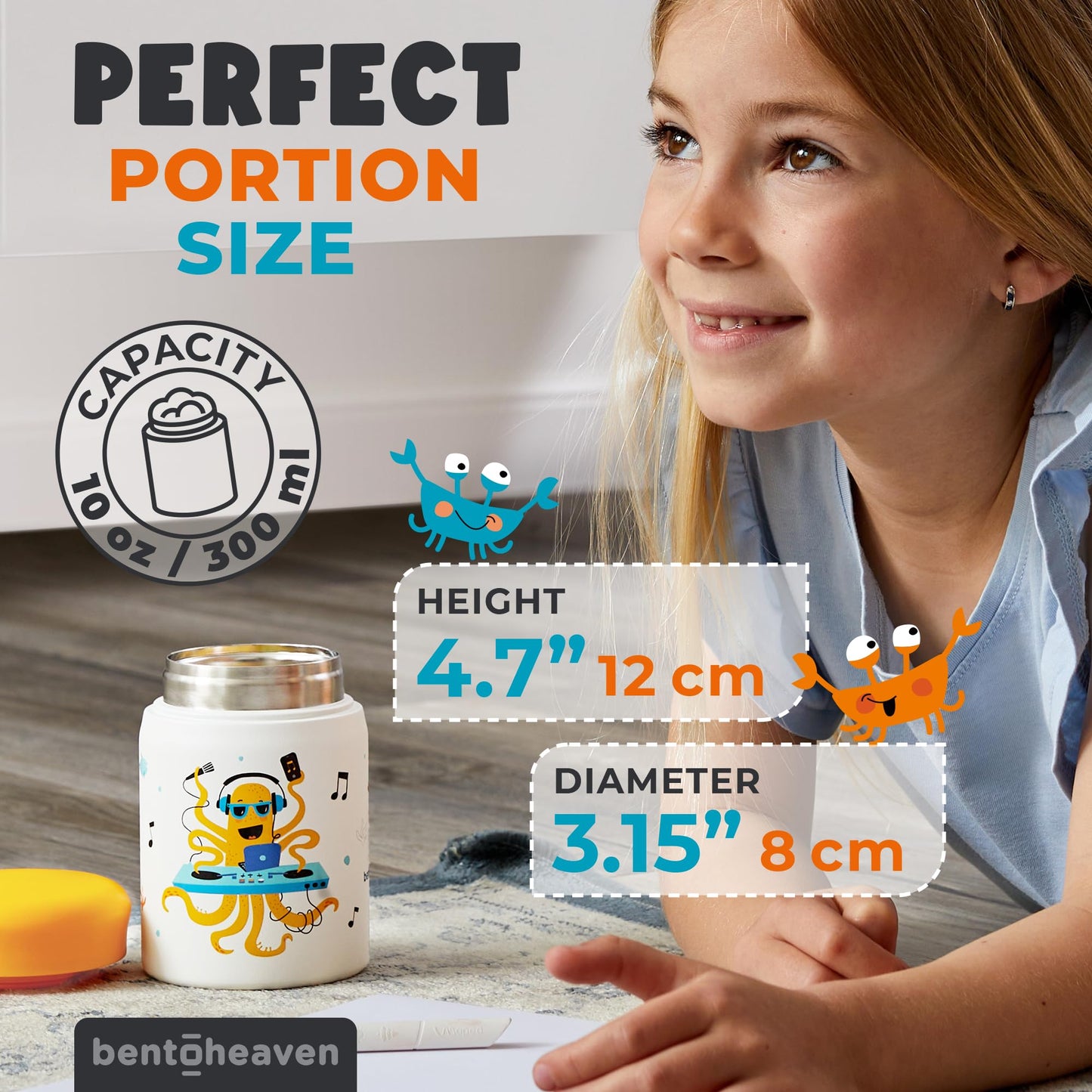 Bentoheaven Kids Food Jar (10oz) - Vacuum Insulated Container - Premium Double Wall Stainless Steel - Easy to Open - Keeps Soup Hot/Cold - Lunch Box Thermos for Kids (Orange Gray)