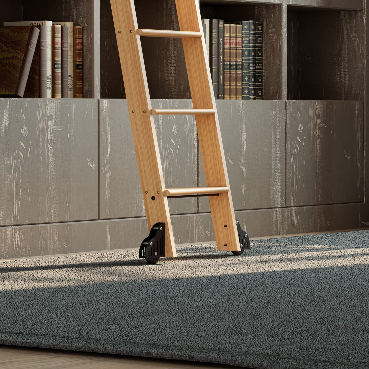 KINMADE 10 ft Rolling Library Ladder Kit with Ladder Included, Solid Red Oak Wood, Telescopic Upper Roller, Stable Style&Functional Design