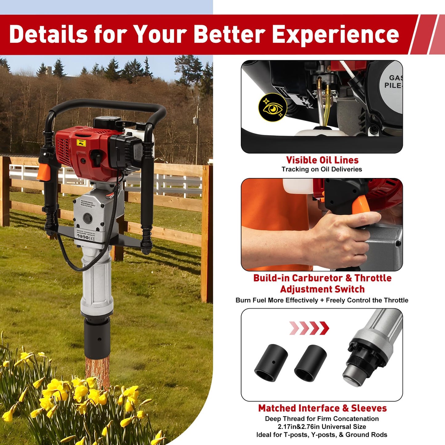 AKSDSGA 52CC Petrol Post Driver 2 Stroke Gas Powered T-Post Driver Hammer Drills with 2 Post Driving Heads, Air Cooling Single Cylinder Gasoline Petrol Garden Fencing Tool Machine