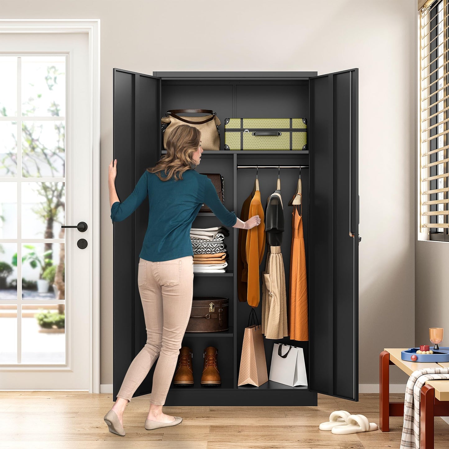 Wide & Deep Metal Storage Cabinet with Hanging Rod,Black Broom Closet Storage Cabinet with Lock,72" Tall Wardrobe Cabinets with Doors and Shelves,Locking Steel Tool Cabinets for Home,Office,Garage