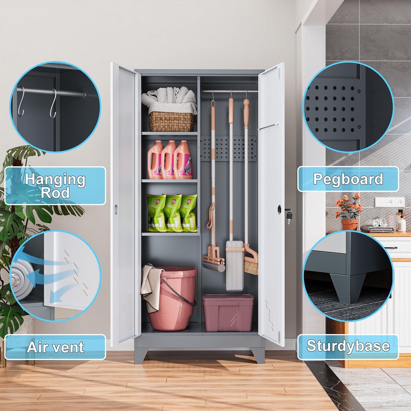 LyAosdFu 61" Metal Storage Cabinet with Lockable Doors, Cleaning Supply Cabinet with Pegboard and Hanging Rod. Garage Tool Storage Cabinets for Home, Laundry, Office, Home Kitchen Utility Cabinet
