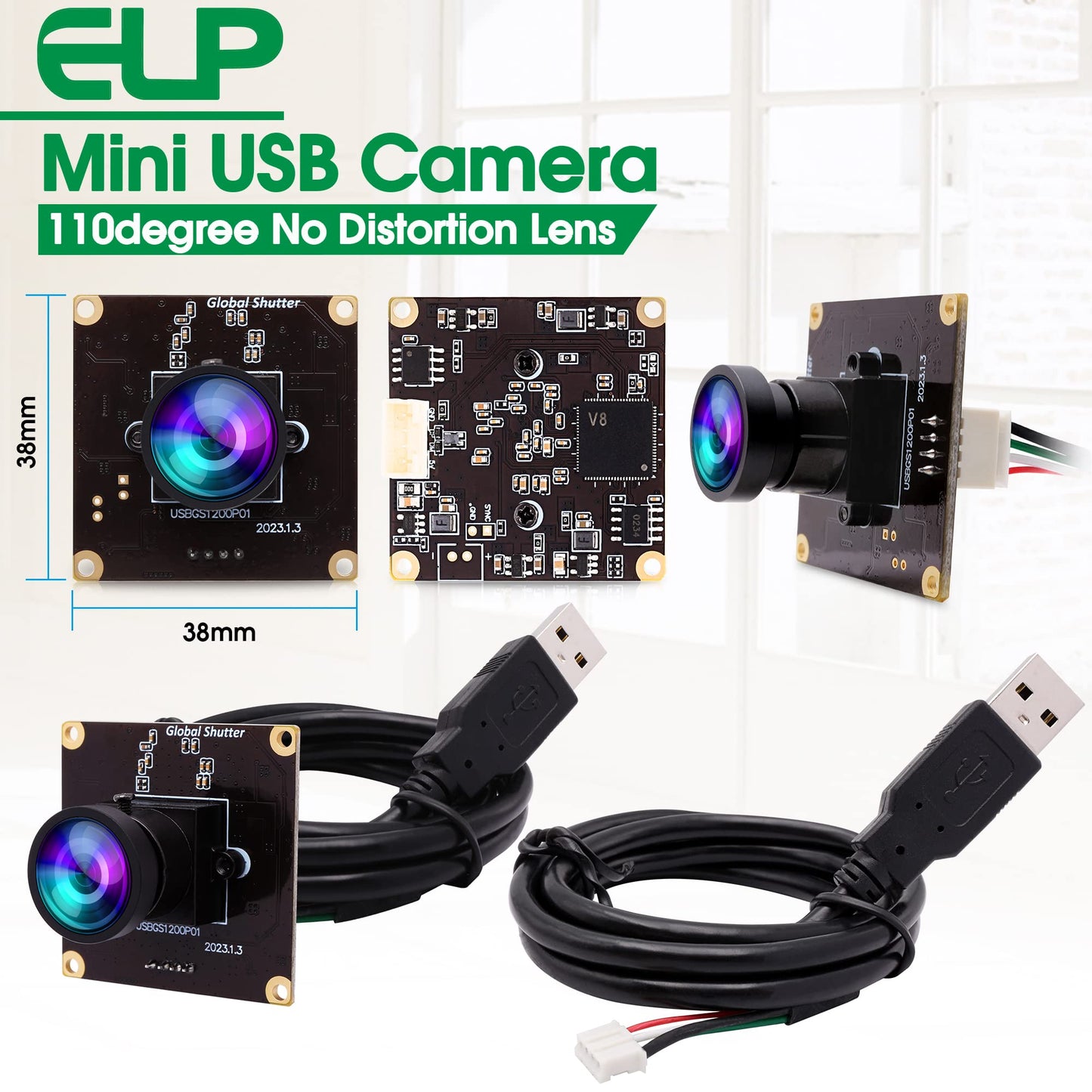ELP High Speed Wide Angle Global Shutter USB Camera Module for Computer 1080P Mini UVC USB2.0 Webcam Board with 110degree No Distortion Lens AR0234 High Frame 90fps Web PC Camera Board for Laptop