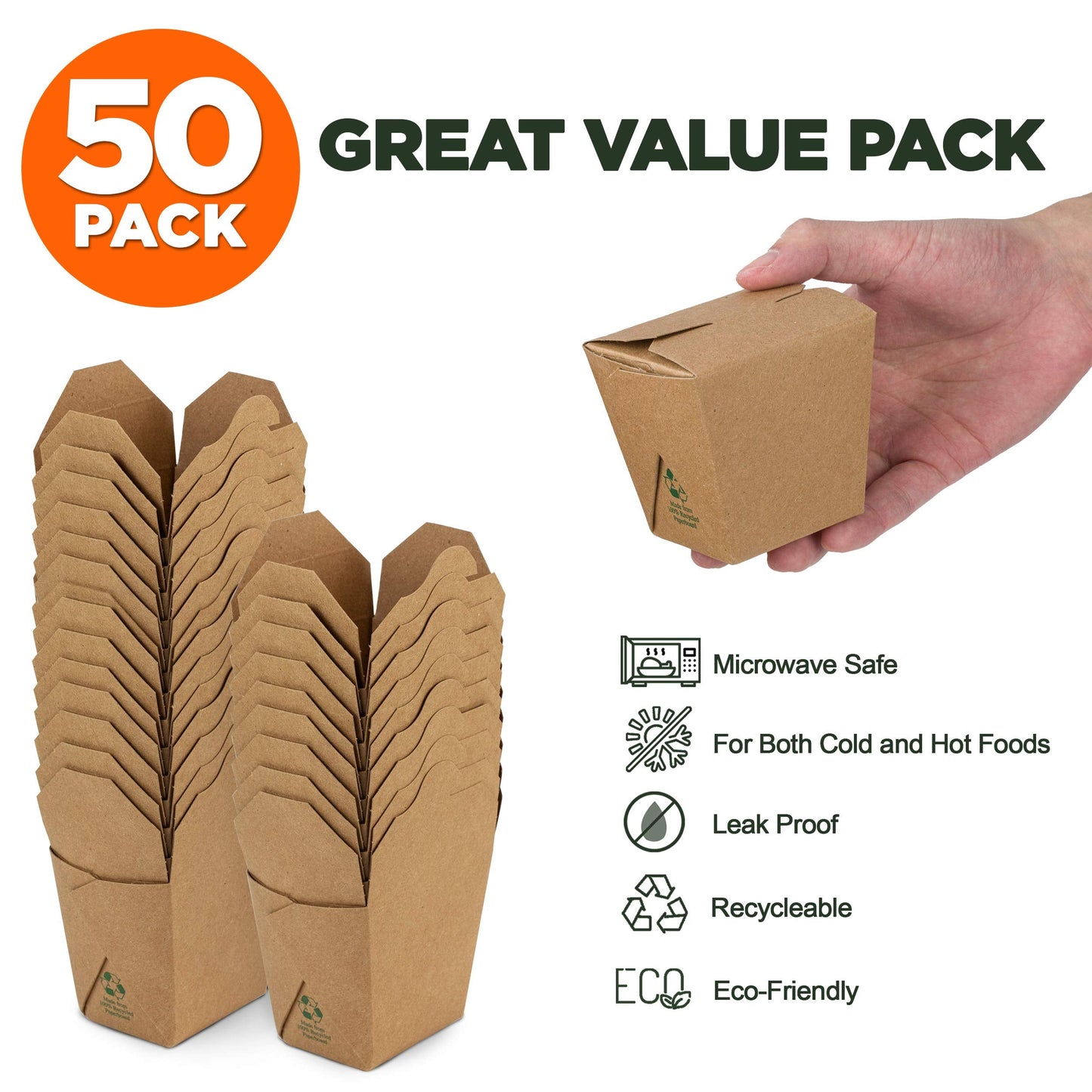 Fit Meal Prep 50 Pack 16 oz Chinese Take Out Boxes - 3.8x3” Plain Kraft Paperboard Food Containers, Leak and Grease Resistant Half Quart Size Asian Rectangle To Go Boxes, Candy Buffet Box and Party