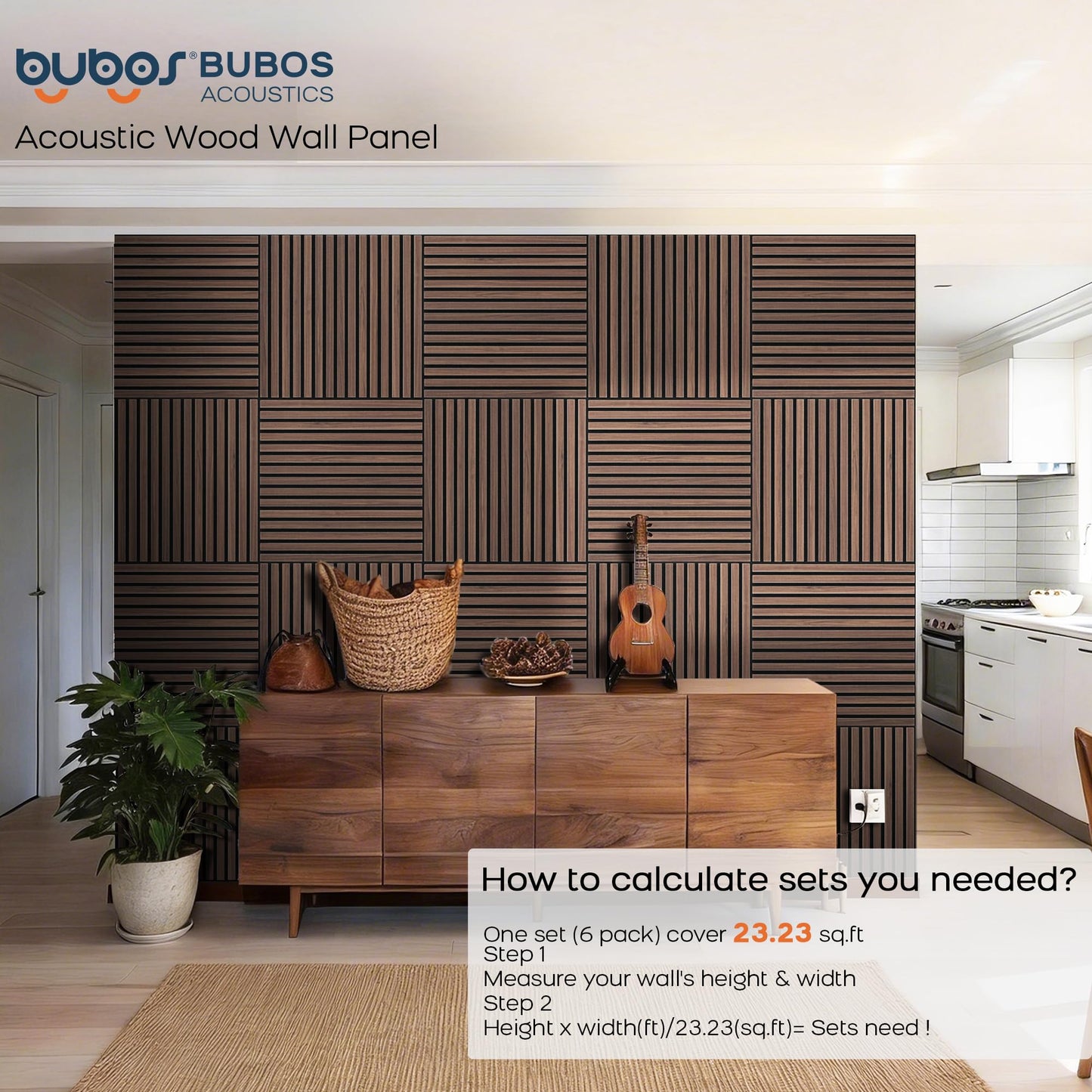 BUBOS Large Acoustic Wall Panels, 6-Pack 24" x 24" x 0.7" Faux Wood Slat Sound Absorbing Panels, High-Density Soundproof Wall Decor for Recording Studio, Home Theater & Gaming Room，SF Black Walnut