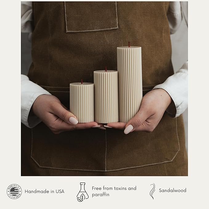 LAWA Roman Handmade Tall Ribbed Pillar Candle - Beautiful Scented Soy Wax Dinner Candle | Classic Aesthetic Decoration Set | Housewarming Gift | Home Room Shelf Decor Idea - Moon Gray (Set of 3)