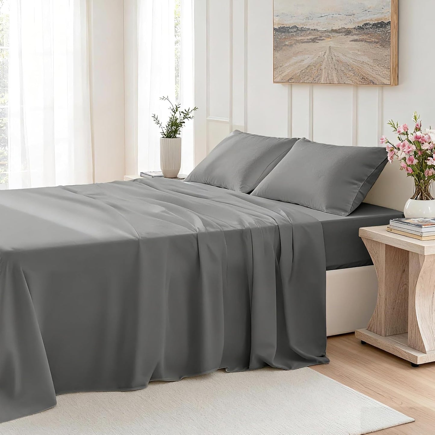Regine Switzerland Queen Size 4-Piece Sheet Set - Comfy, Breathable, Cooling Bed Sheets - Dark Grey