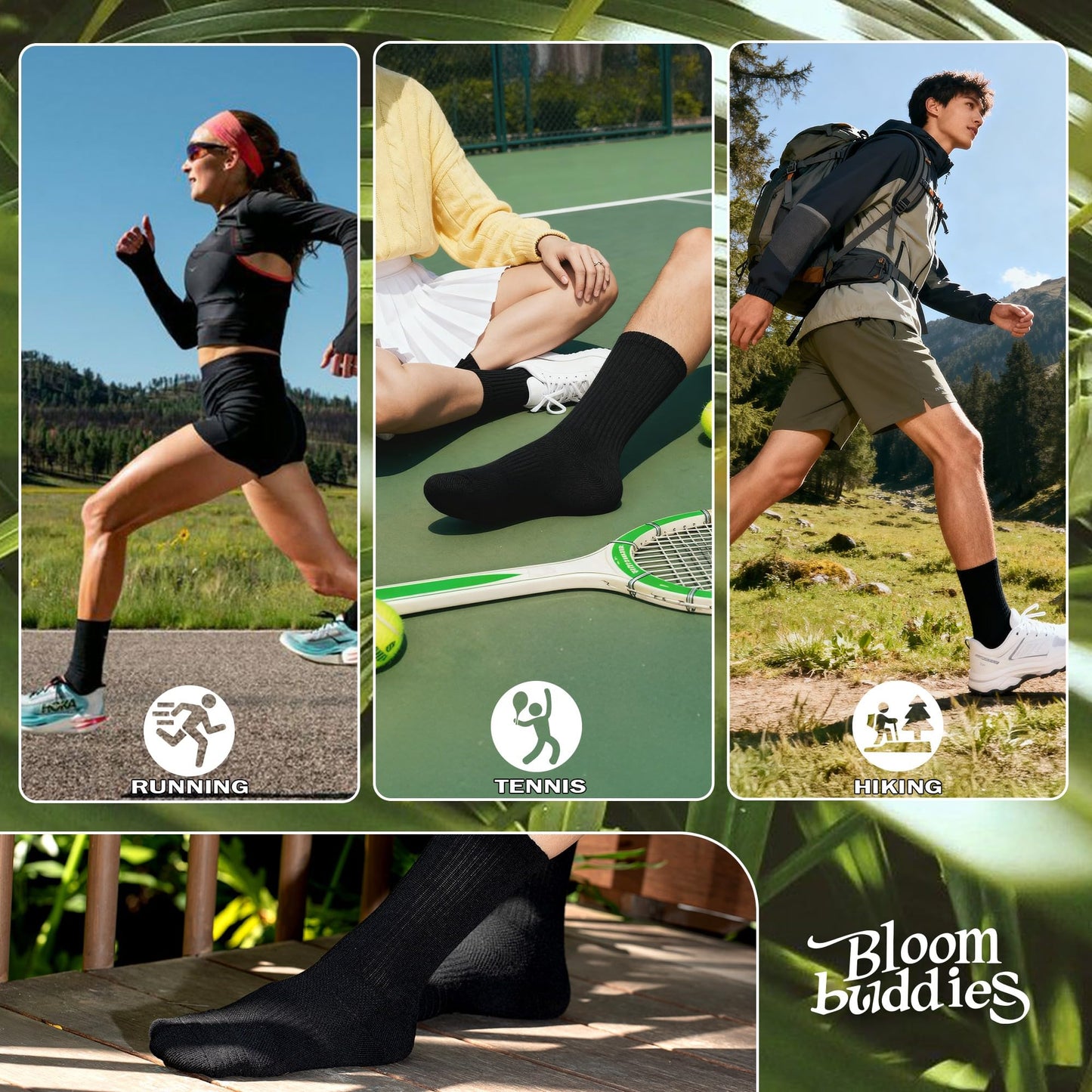 BloomBuddies Bamboo Viscose 6 Pair Men Women Crew Compression Sock Running Cushion Moisture Wick Anti Blister Athletic Hiking