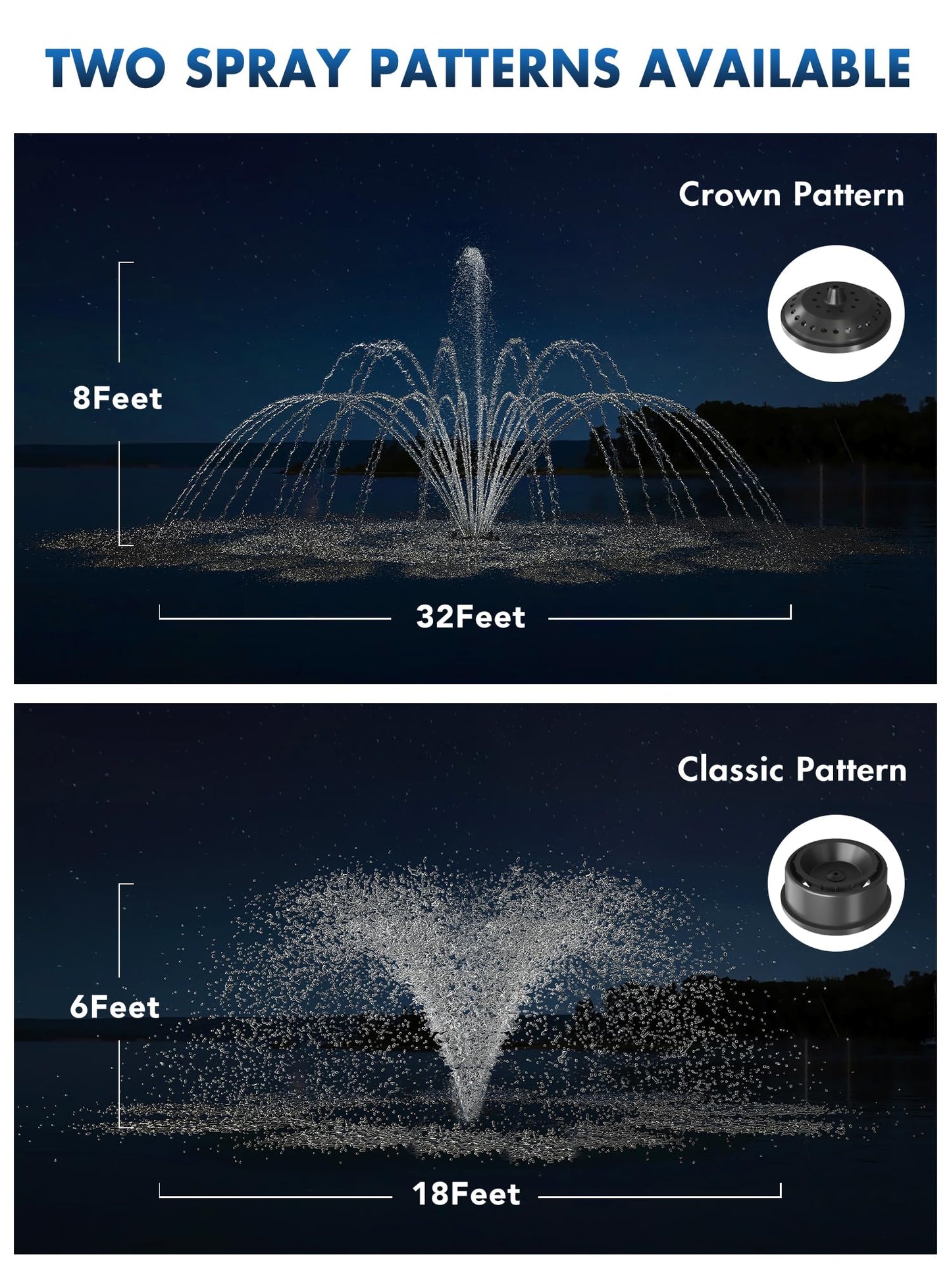 FS01 110V, 1 HP, Large Pond Floating Fountain with LED RGB Lights, Oil Free Pump 13000 GPH with 100’ Cord, Two Spray Patterns Included