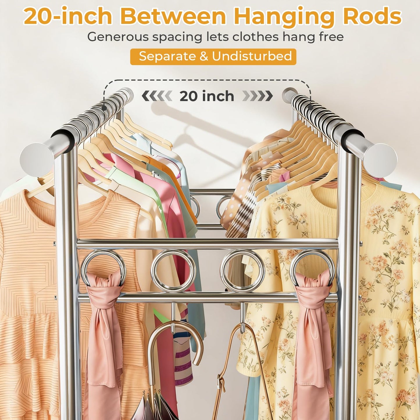 Heavy Duty Clothes Rack Load 1060LBS, Four Rods Rolling Clothing Racks for Hanging Clothes, Rolling Garment Rack With Sturdy Wheels Shelves Hooks, Portable & Adjustable Commercial Garment Rack, Silver