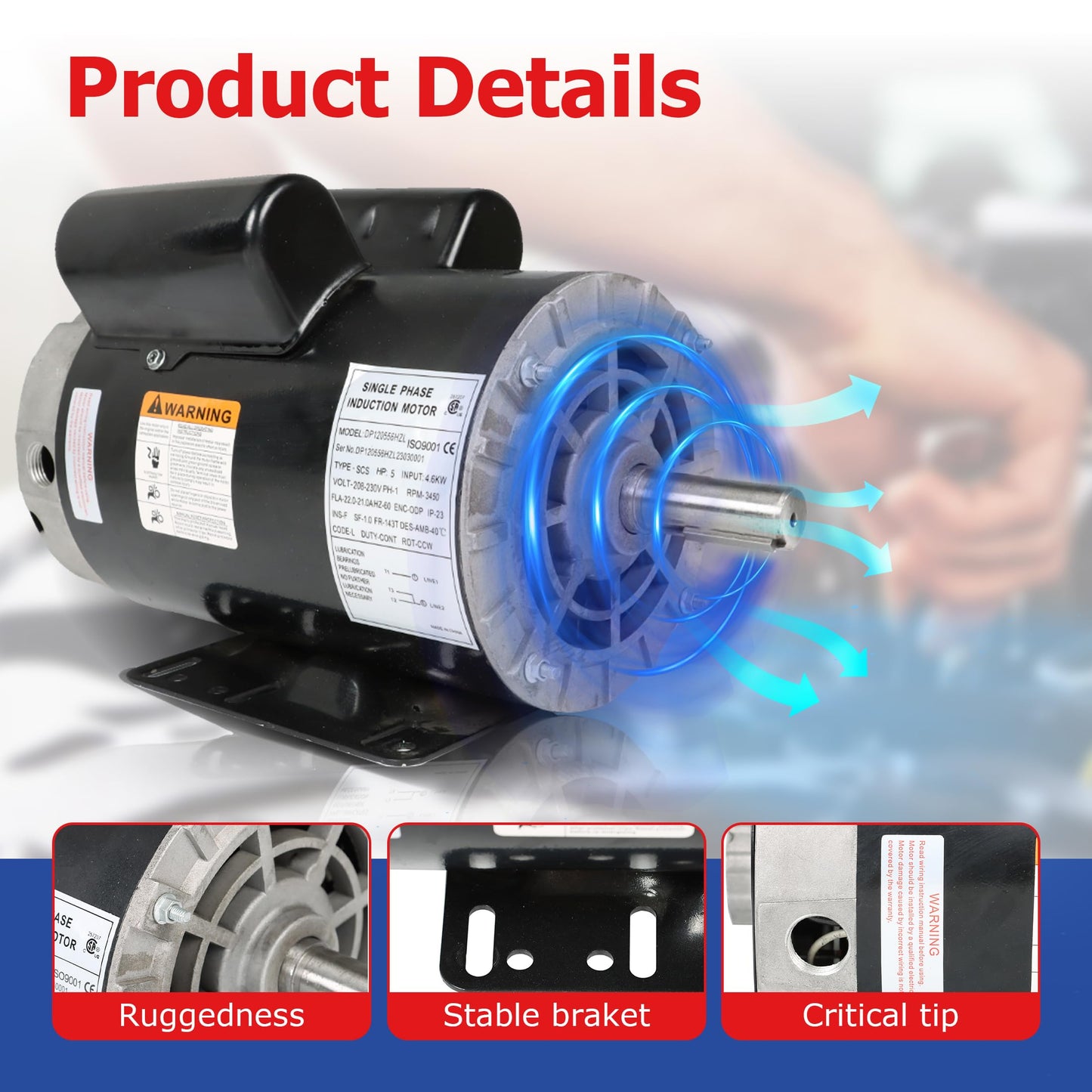 5HP Motor for Compressors 1-Phase Motor 3450 RPM 56 Frame 7/8 inch Shaft 230V