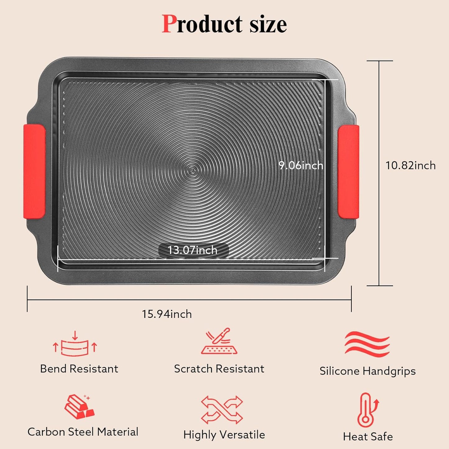 Skiennix Nonstick Baking Sheet - 16x11in Cookie Sheet with Circle Grooves & Red Grips | PFAS/PTFE Free, Gray