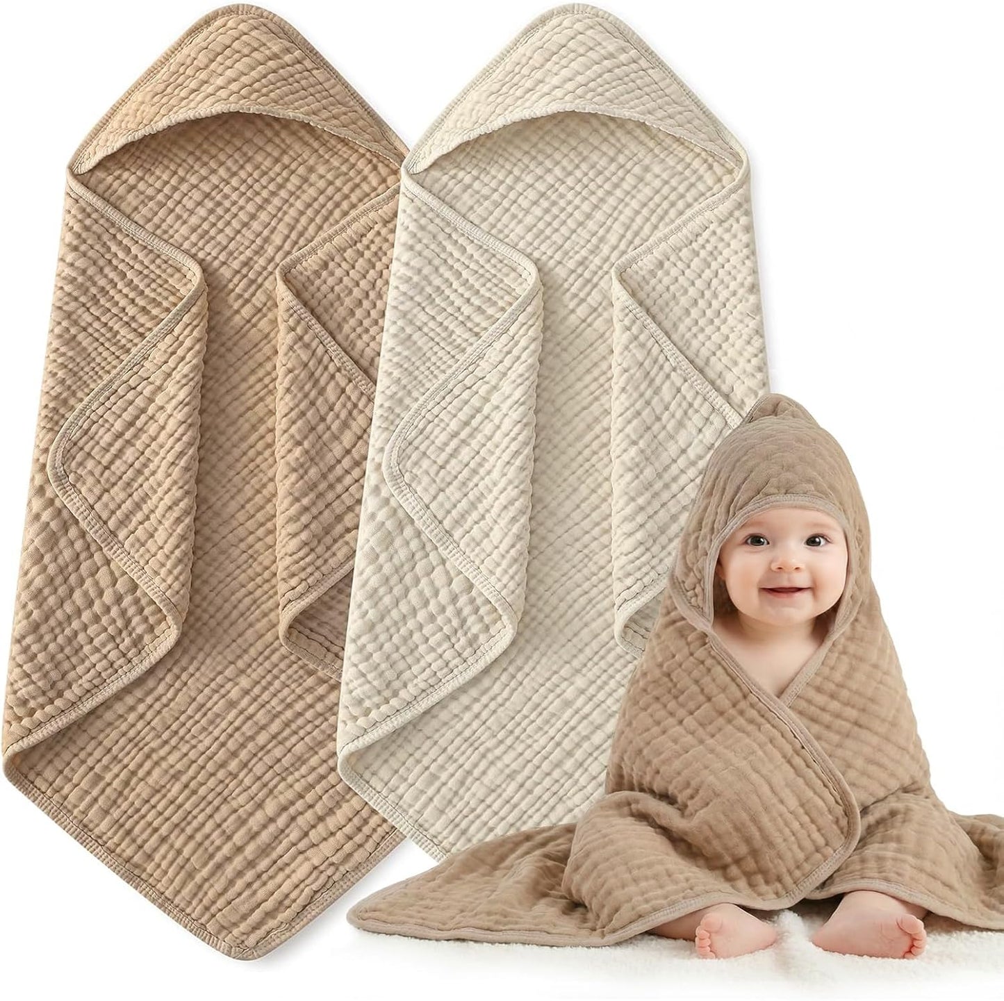 Skiennix Hooded Baby Bath Towels - 100% Muslin Cotton, Soft & Absorbent, 2 Pack, 32x32 Inch