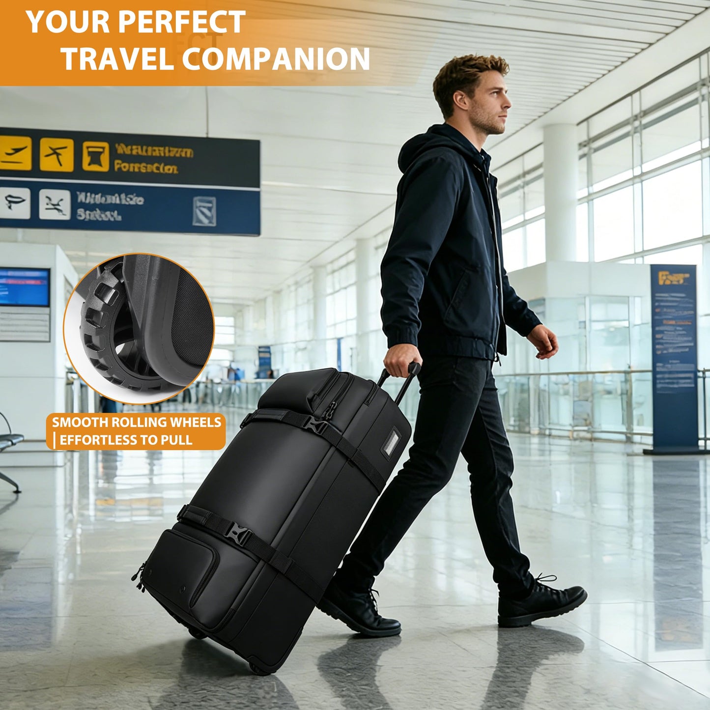 LARIPOP 33 Inch 100L Extra Large Rolling Duffle Bag with Wheels, Wet Pocket & Shoe Compartment, Heavy Duty Water Resistant Wheeled Duffel for Moving Travel Camping