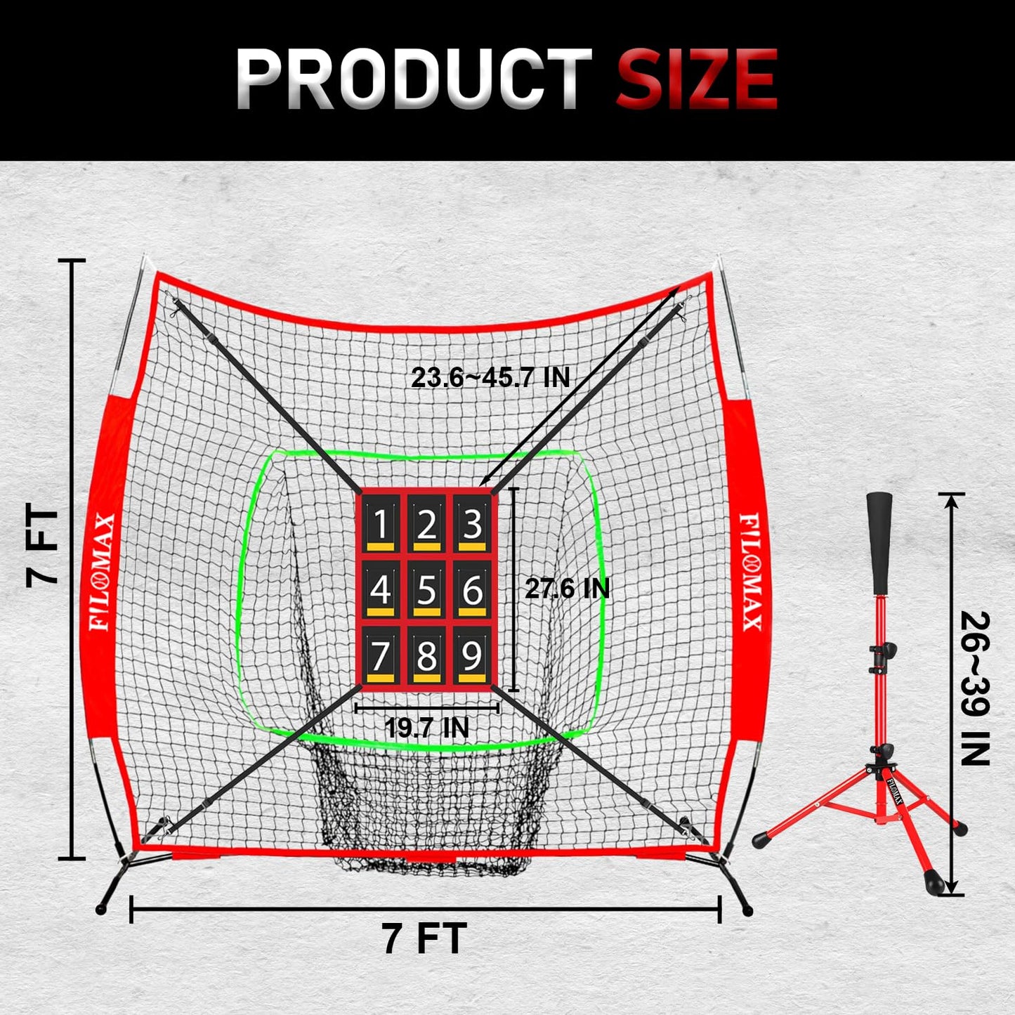 7x7ft Baseball & Softball Practice Net with Numbered Strike Zone & Batting Tee - Heavy Duty Portable Hitting Pitching Training Net for Accuracy and Swing Practice, Includes Carry Bag (7 ft x 7 ft)