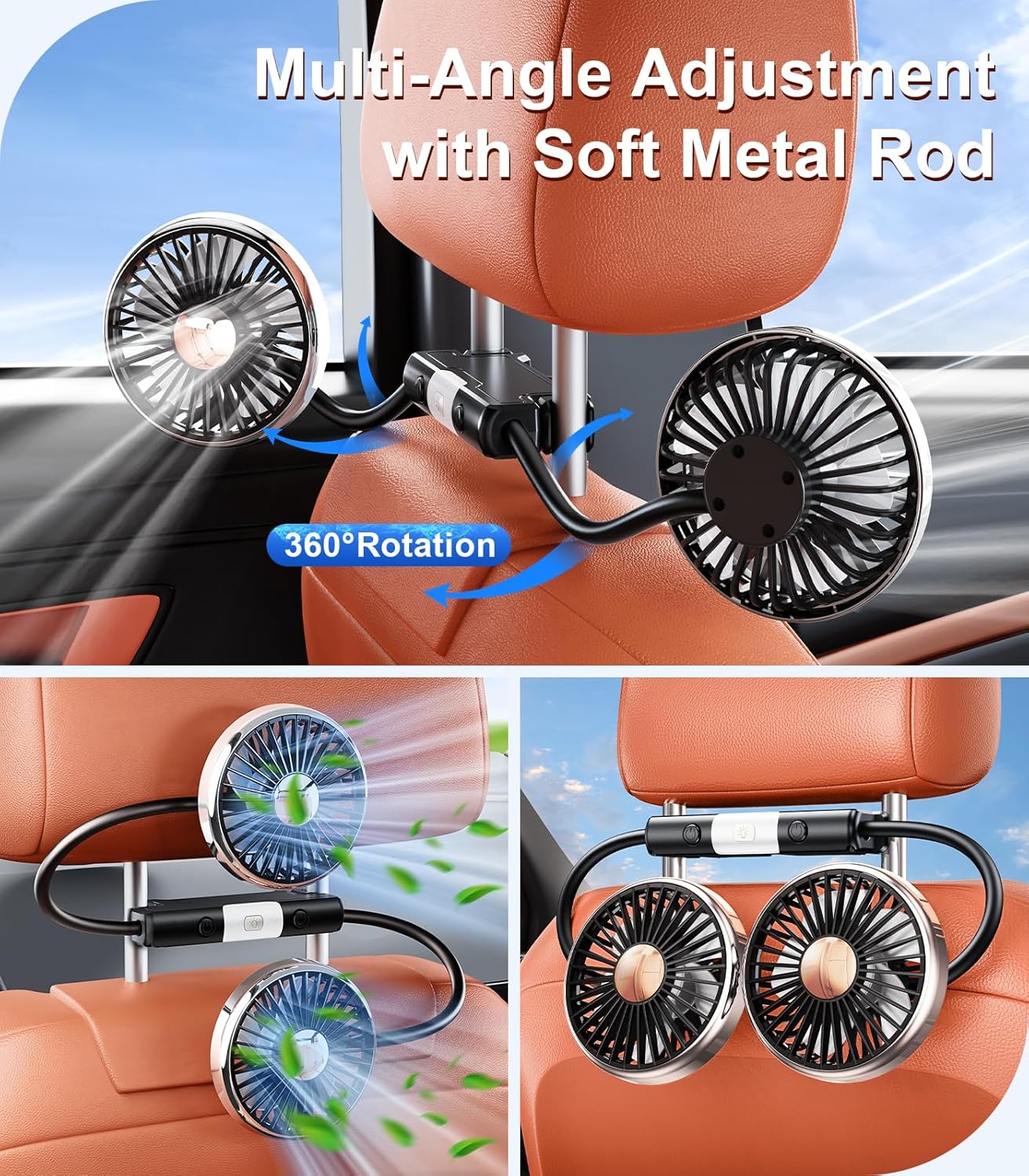 Dual Head Gooseneck Car Cooling Fans for Back Seat for Kids, USB Car Headrest Cooling Fan for Baby Rear Facing, Car