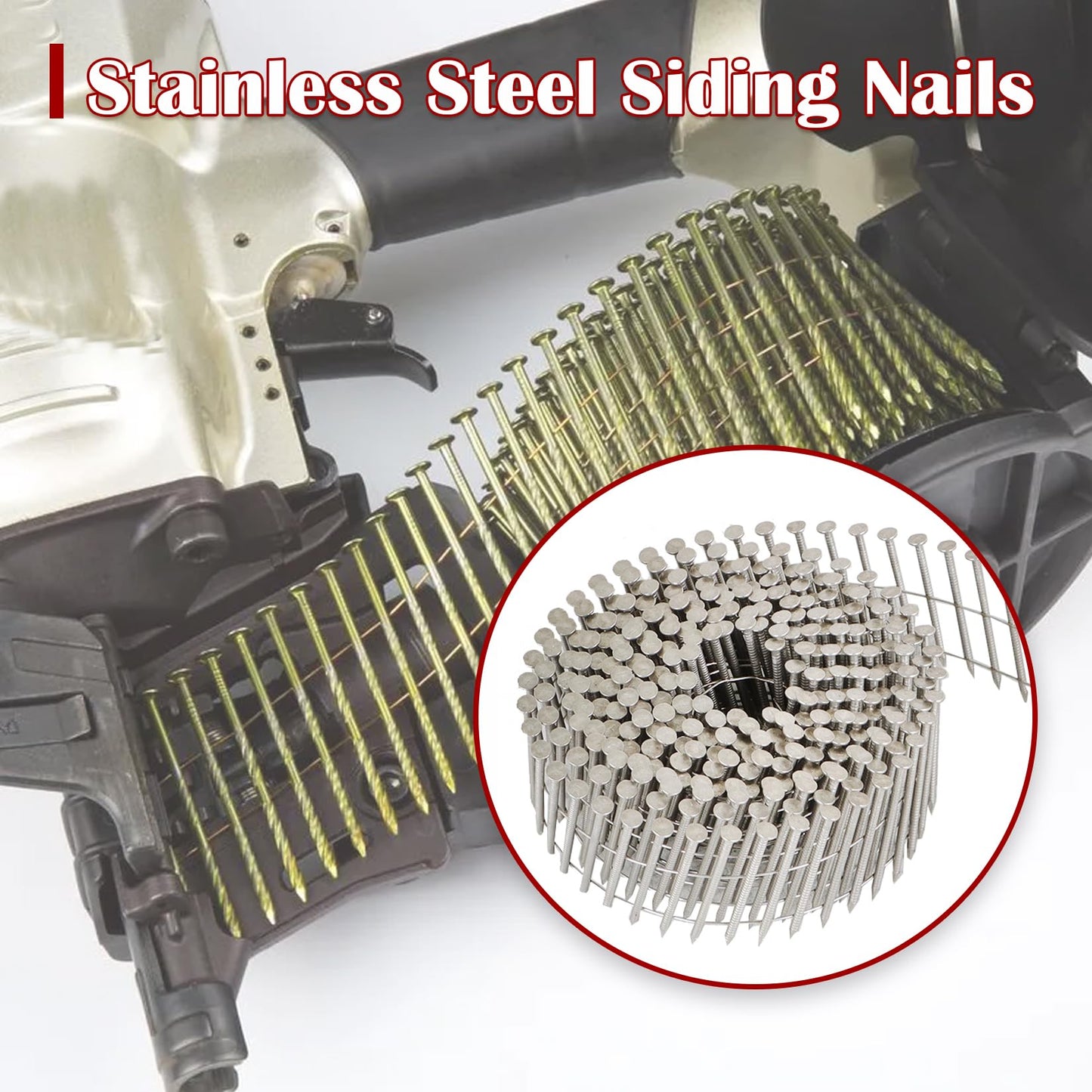 findmall 3600 Count 2-1/2 Inch x .090-Inch Ring Shank 304 Stainless Steel Siding Nails 15-Degree Collated Wire Coil for Wood or Fencing Applications