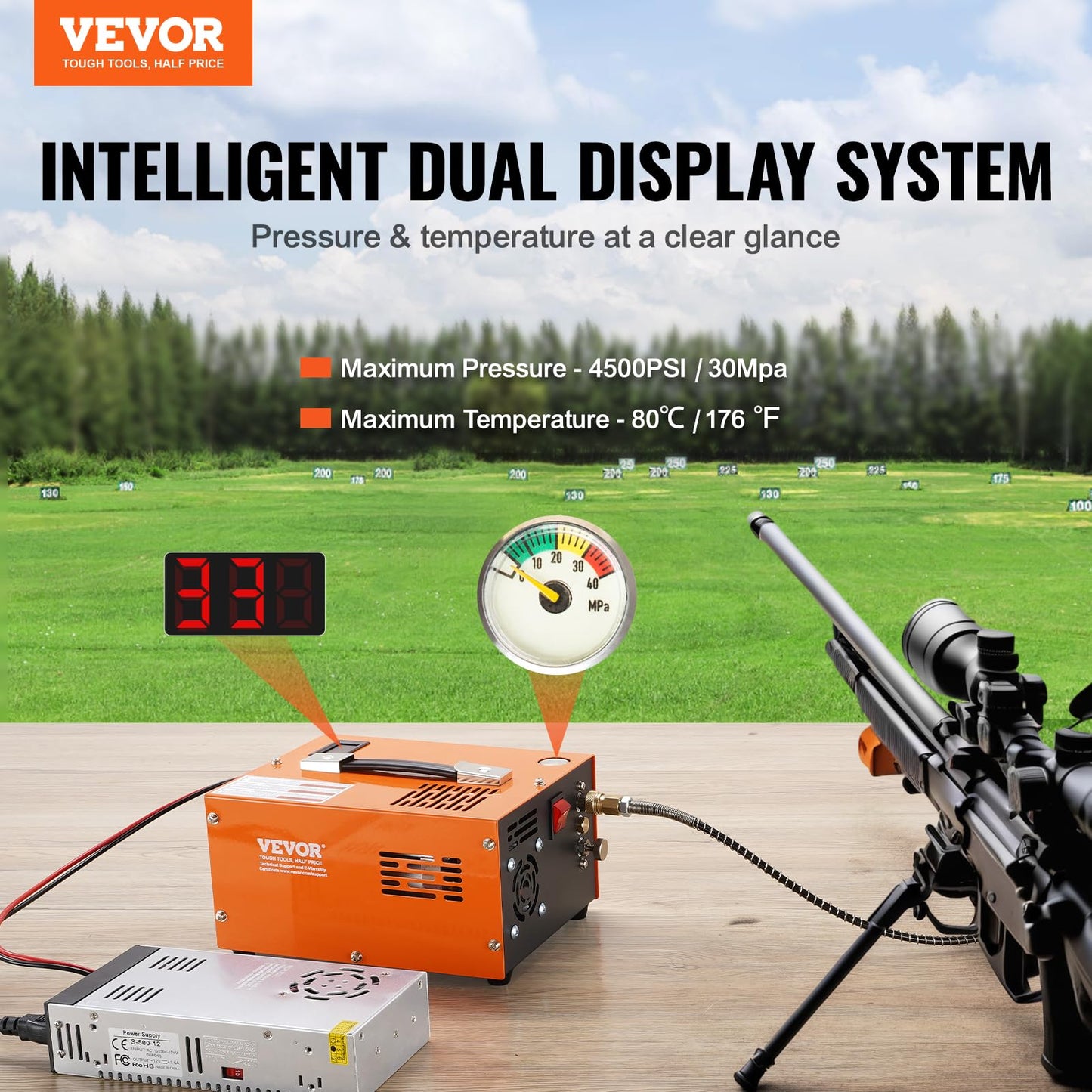 VEVOR PCP Air Compressor, 4500PSI/30Mpa Portable PCP Airgun Compressor with External Converter, DC12V, AC115V | Oil & Water-Free | Manual-Stop Air Rifle, Paintball and Scuba Tank Compressor Pump