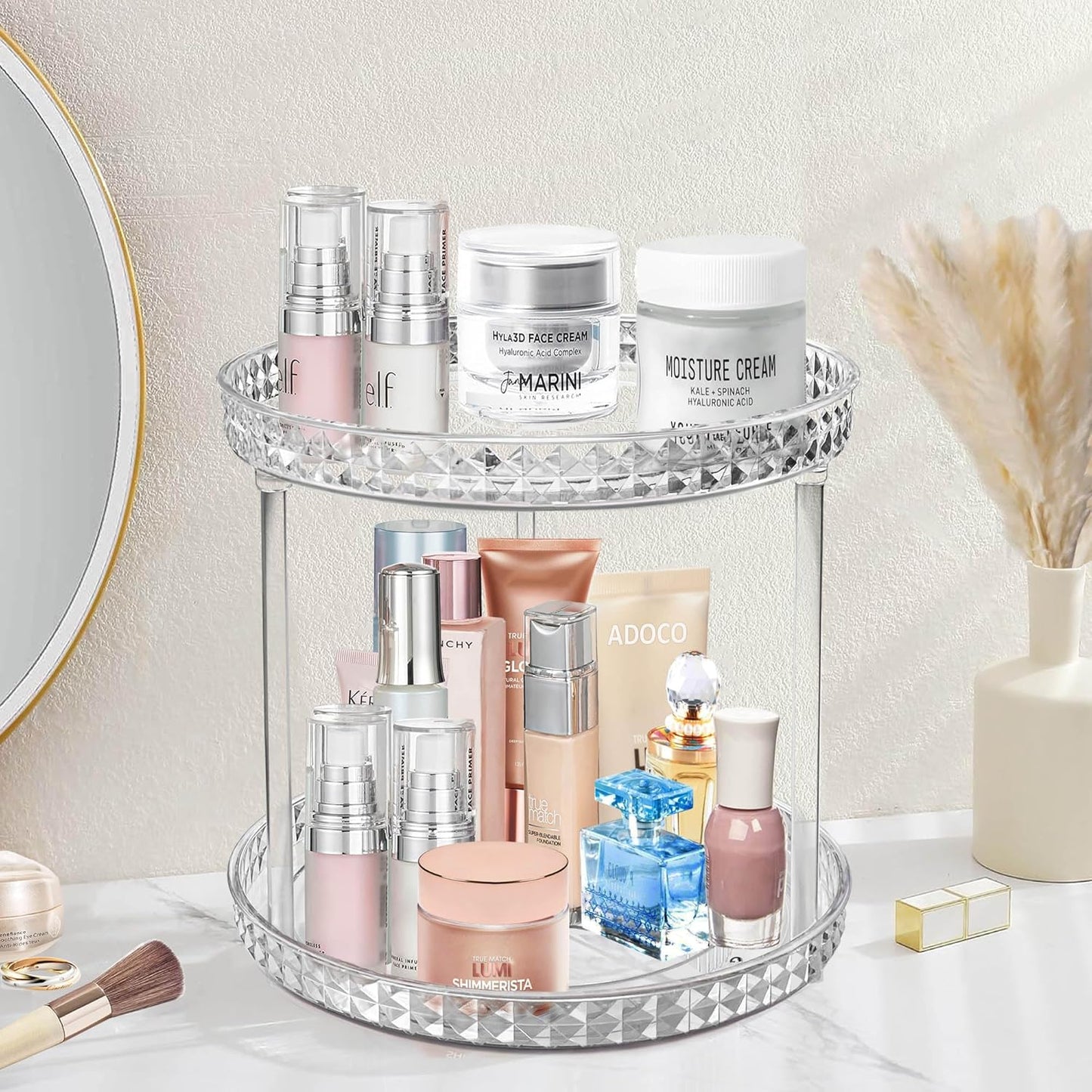 Skiennix 2-Tier Diamond Lazy Susan Bathroom Organizer - 360° Rotating Clear Makeup & Skincare Storage | 9.25 Inch