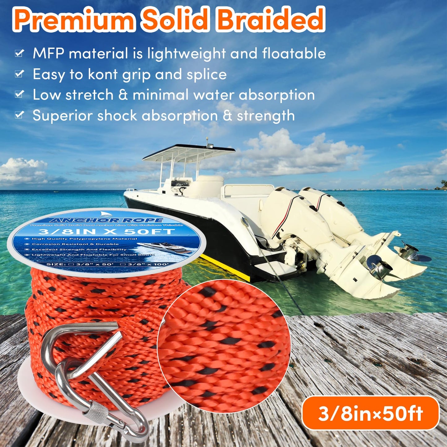 BALAVA Anchor Rope 50FT x 3/8in,Premium Solid MFP Braided Anchor Rope Anchor Line,Boat Anchor Rope with Stainless Steel Thimble & Snap Hook,Boat Rore Marine Rope for Anchors and Boats (Orange/Black)