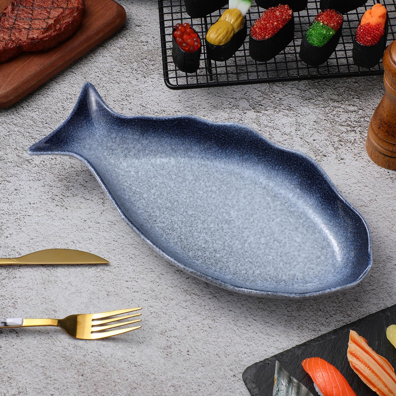 Cabilock Fish Serving Dish Decorative Ceramic Serving Tray Platter for Entertaining Seafood Appetizers Kitchen Tableware Home Dining 12.20X5.90X1.37In