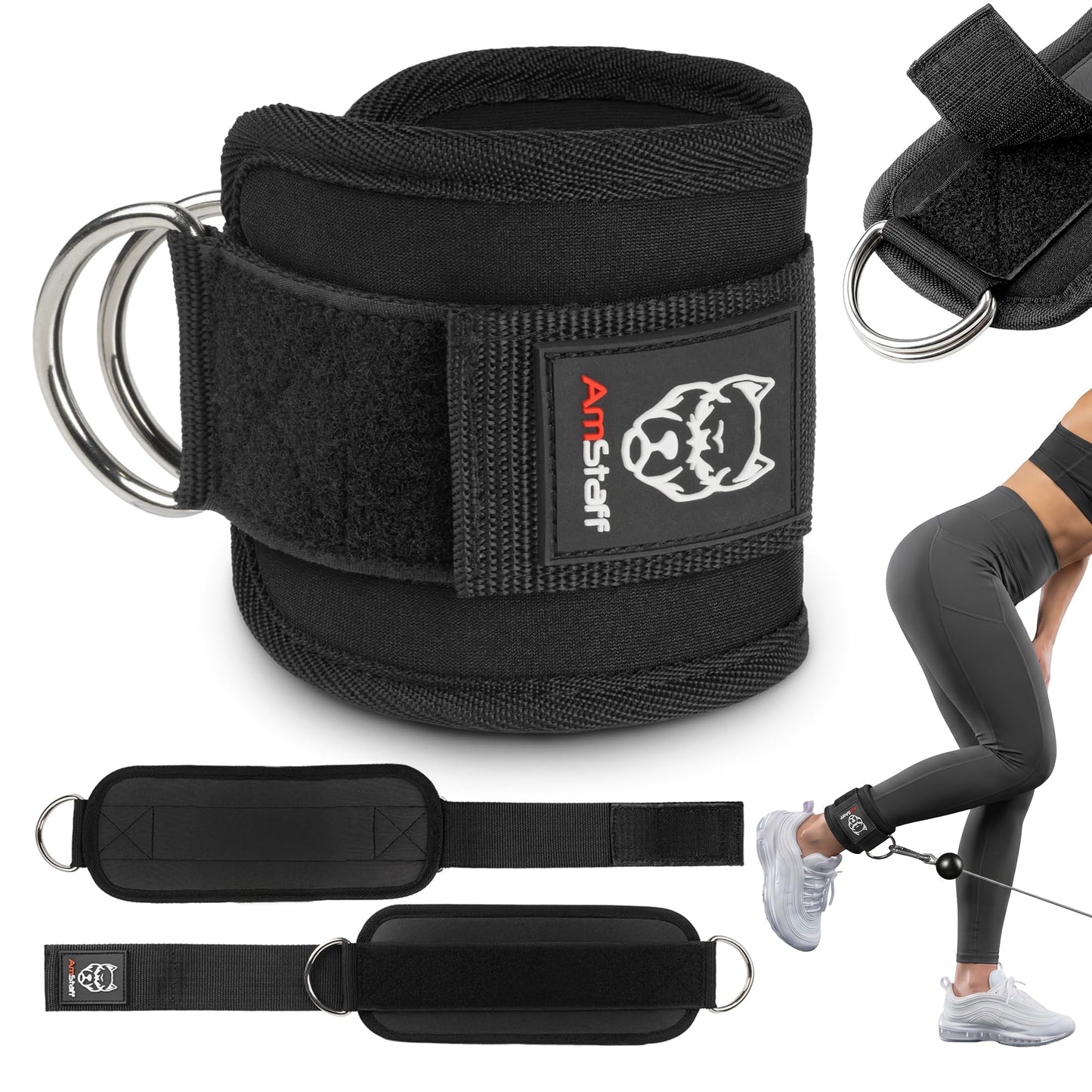 AmStaff Fitness Ankle Straps for Cable Machines – Padded Gym Ankle Cuffs for Glutes, Legs, and Booty Workouts – Adjustable Cable Attachments for Women & Men – One Size (Black)