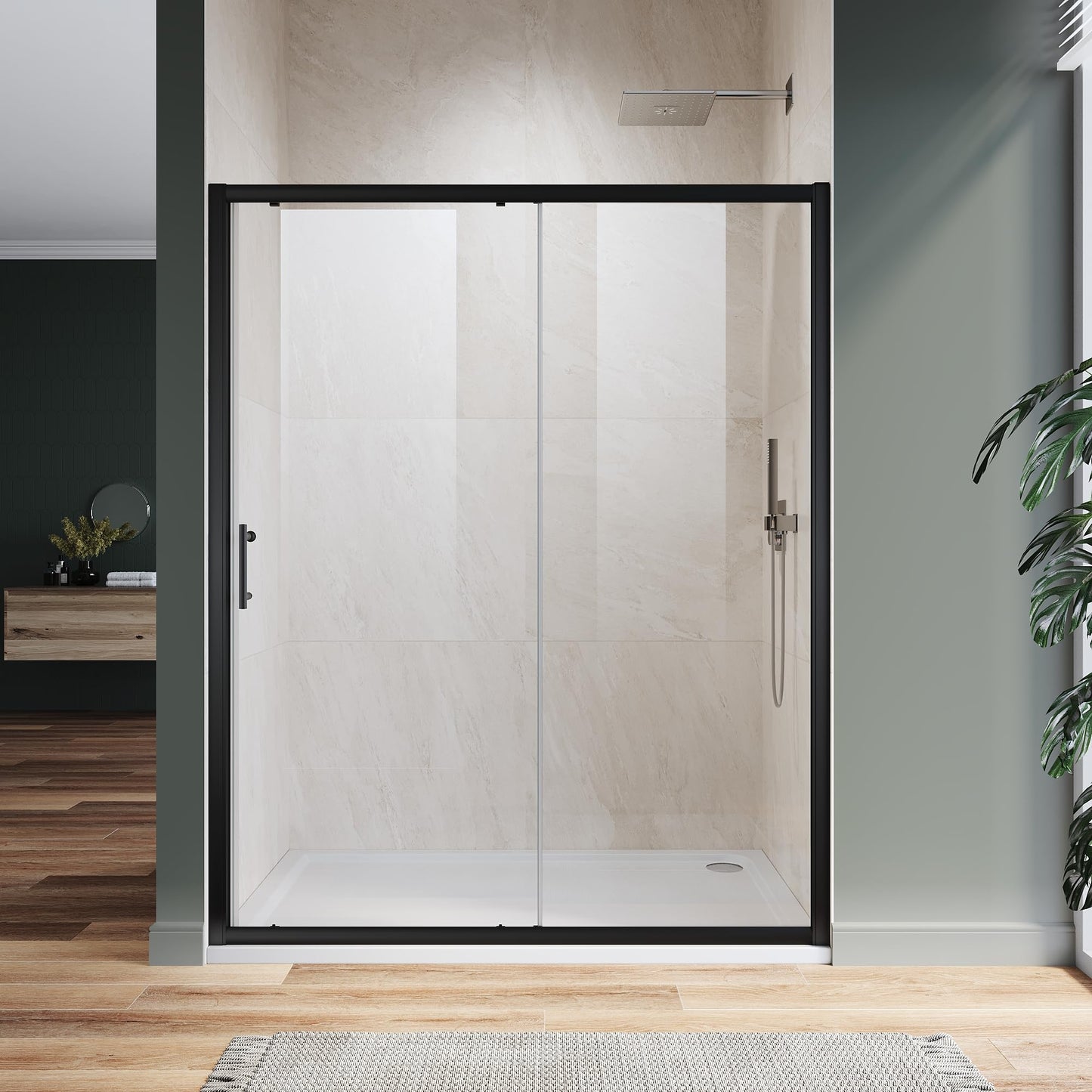 Hydrave Sliding Shower Door 60 in.D x 72 in. H|1/4 in. High-Strength Clear Tempered Glassd Shower Door| Aluminum Frame Semi-Frameless Sliding Door| Black (Shower Base Not Included)