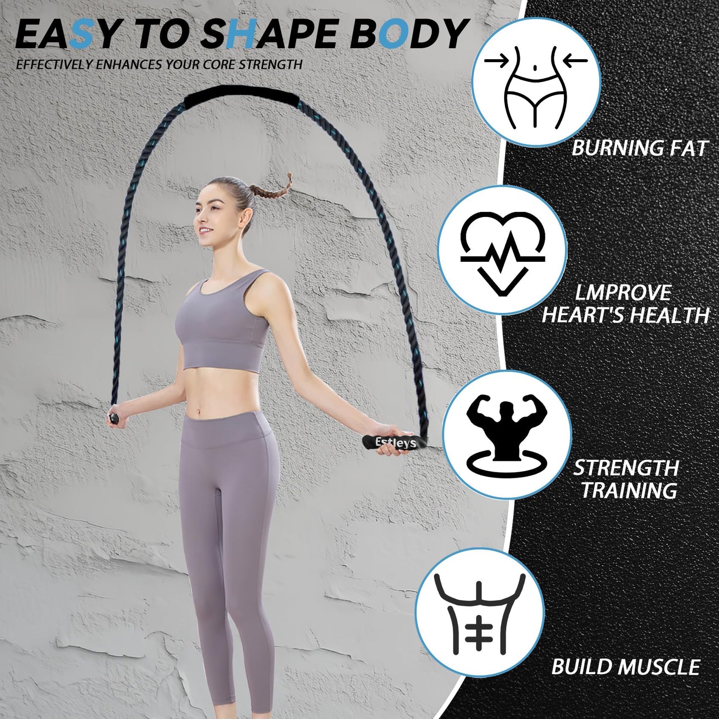 Estleys 5lb Weighted Jump Rope for Men and Women, Adult Heavy Skipping Rope, Heavy Jump Ropes for Home Workout, Weight Loss, Shaping Body, Total Body Workout Equipment (Black & Blue)