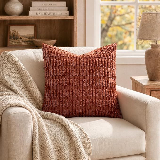 MIULEE Pack of 2 Corduroy Decorative Throw Pillow Covers 18x18 Inch Soft Boho Striped Pillow Covers Modern Farmhouse Home Decor for Sofa Living Room Couch Bed Rust