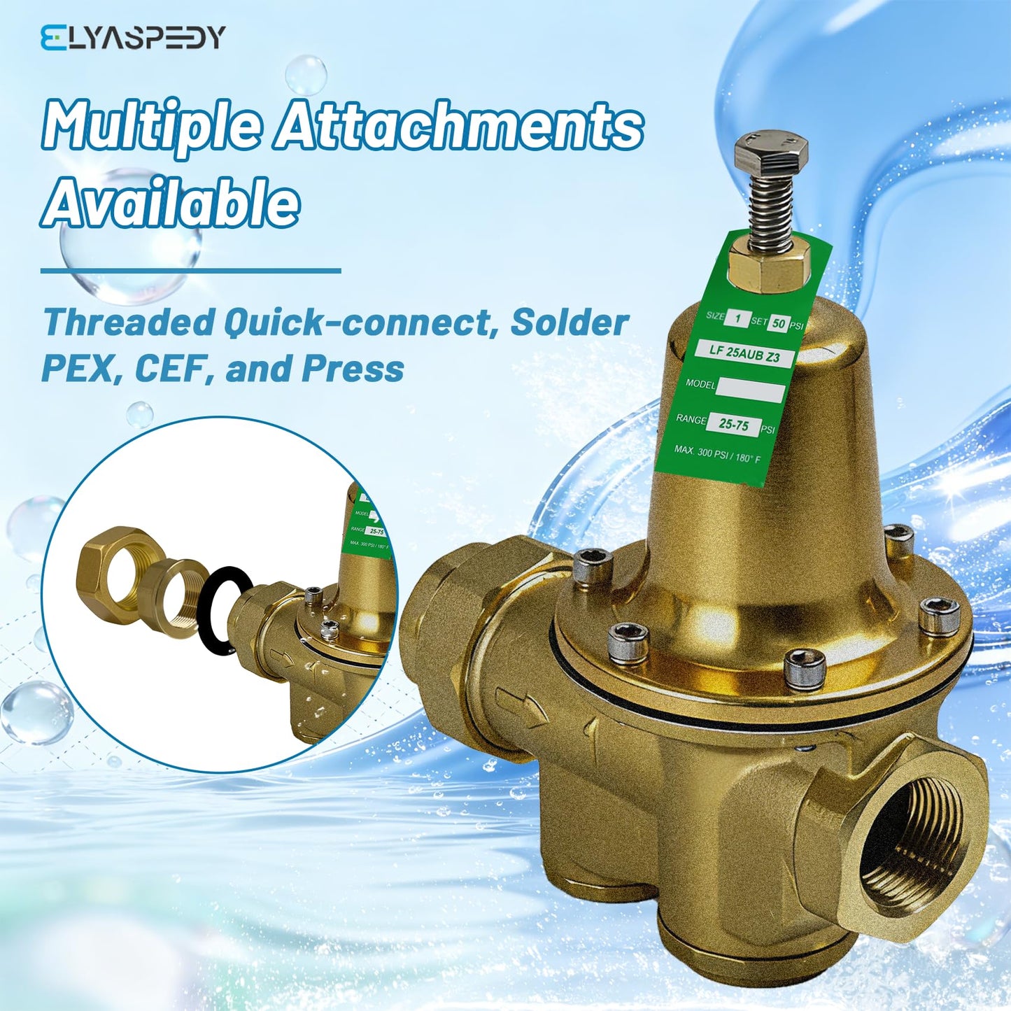 Upgraded LF25AUB-Z3 1" Water Pressure Reducing Valve, NPT Female Union x NPT Female Outlet, Adjustable 25-75 PSI, Maximum 300 psi, Polymer Seat