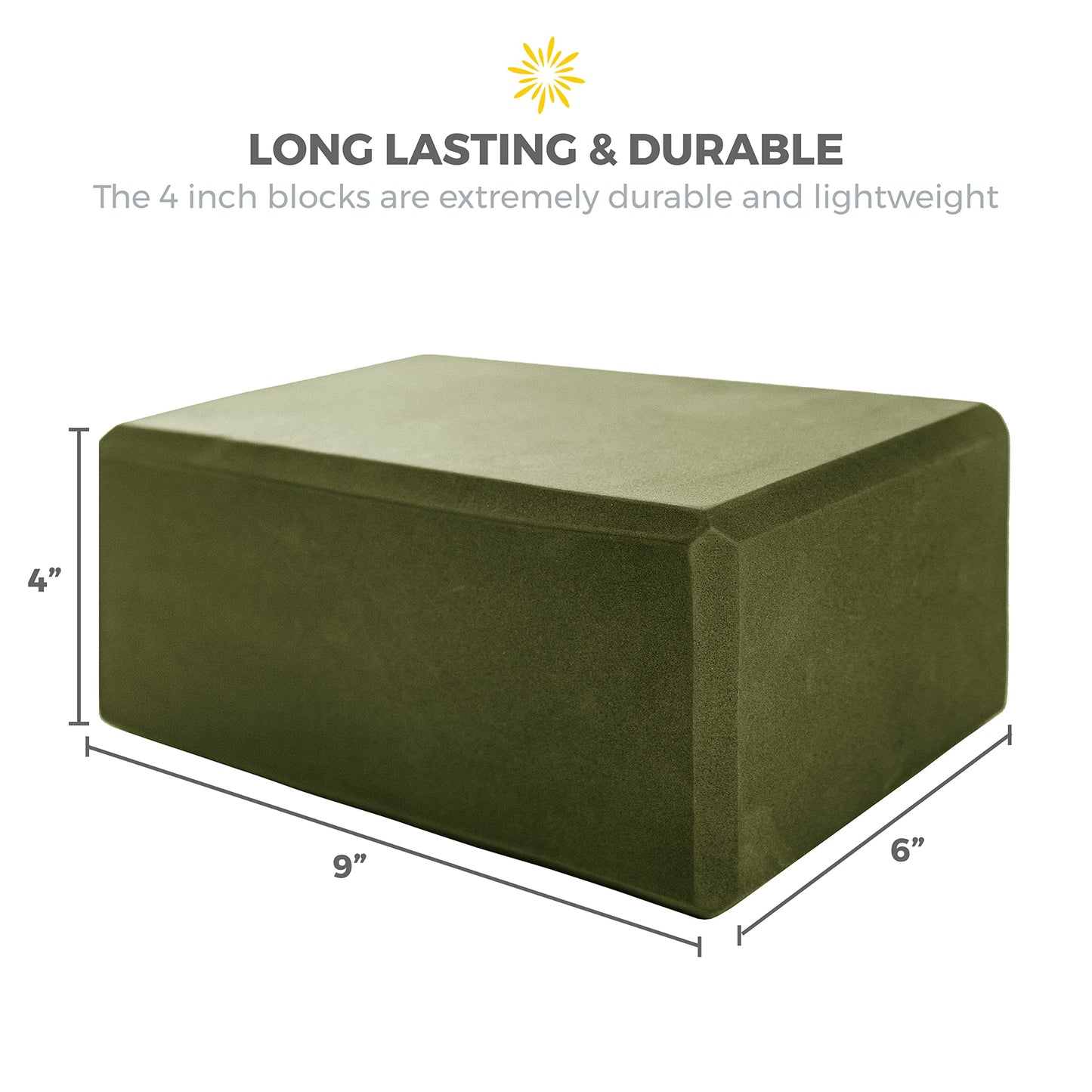 Sunshine Yoga 4" Yoga Block, 6 Pack Bulk EVA Foam Yoga Blocks, Firm and Supportive Yoga Brick, Balance Foam for Stretching, Pilates, and Workout, 4" x 6" x 9", Olive
