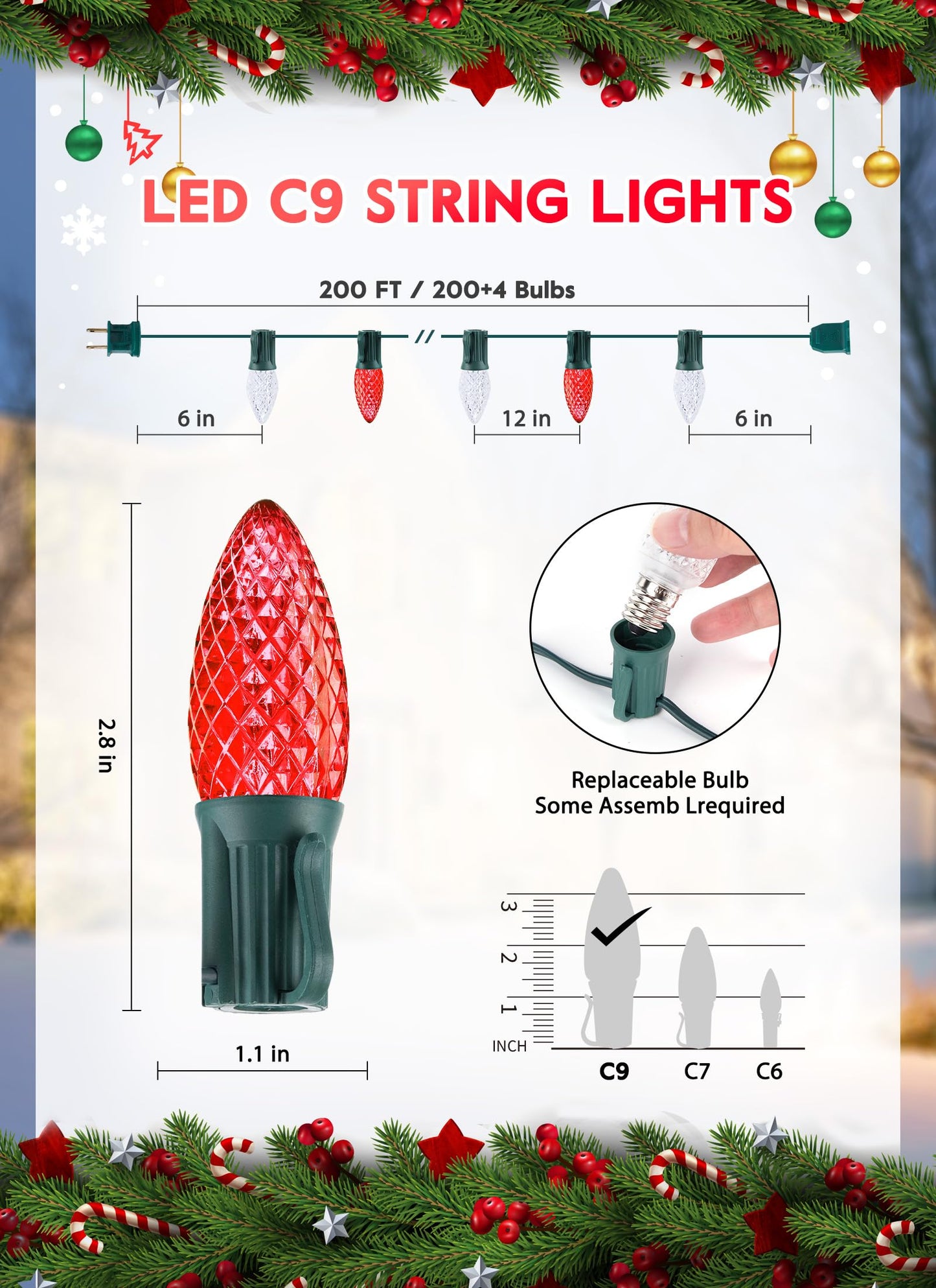 Minetom C9 Christmas String Lights, 200 LED, 200 FT, Red and Warm White, Waterproof, UL Certified, Model GYPI-O200LAU