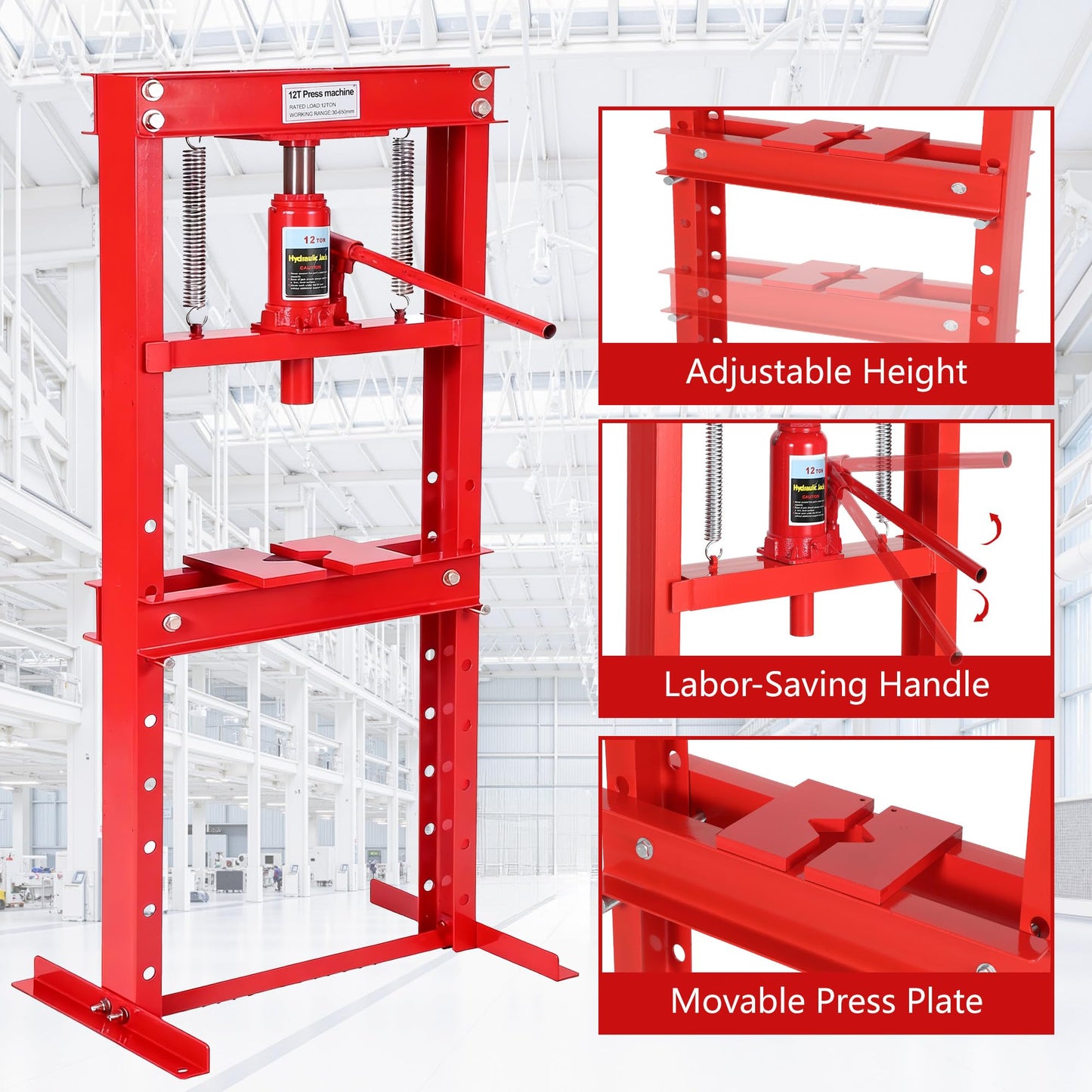 ExploreHorizon 12 Ton Hydraulic H-Frame Shop Press with Adjustable Table & Stamping Plates for Auto Repair, Garage Use, Metalworking, Red