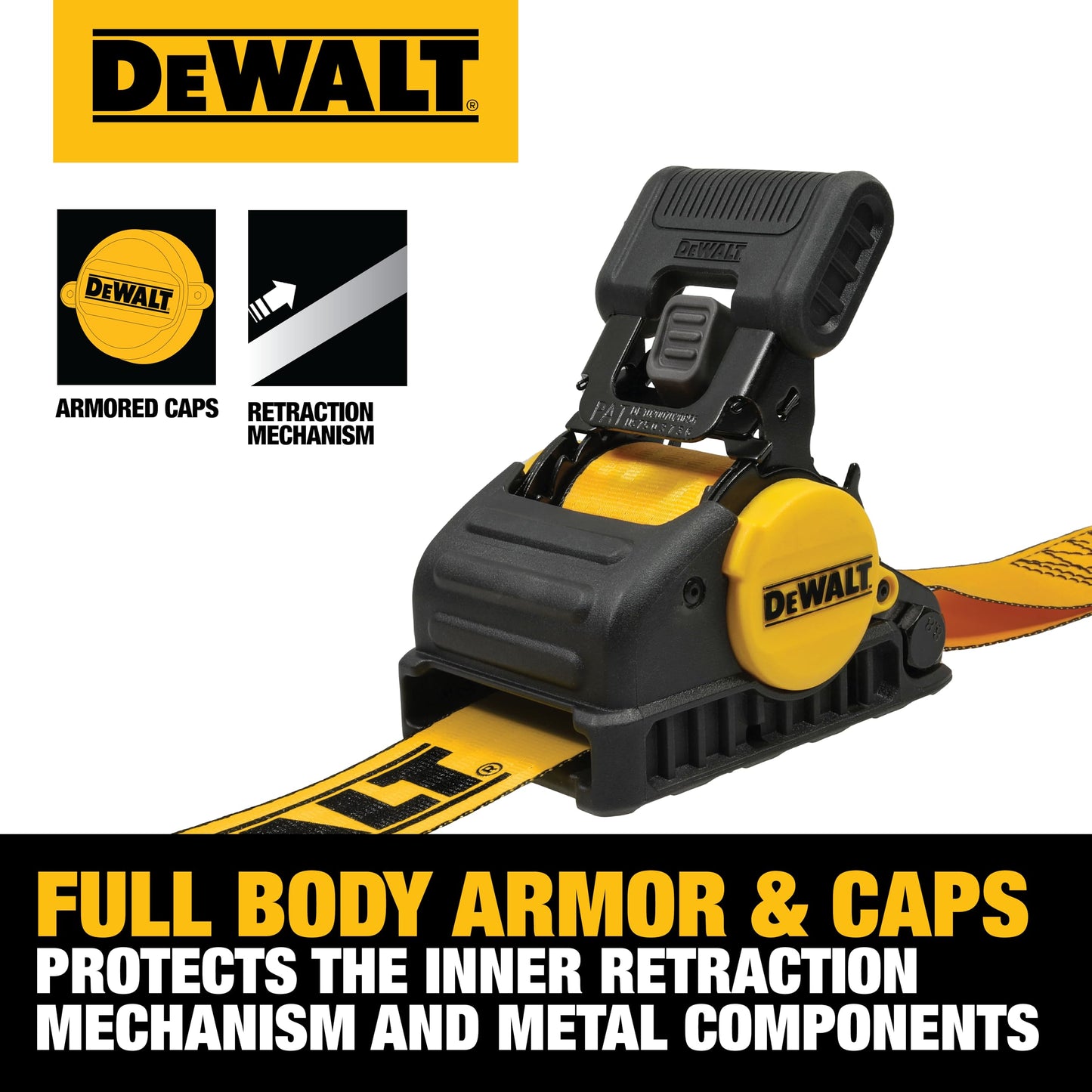 DEWALT DXBC9002-2X 8-Piece Kit with 2” x 10’ Auto Retractable Ratchet Straps (3,300 lb Break Strength) and 1.7" x 18" Premium Soft Loops (11,000 lb Break Strength)