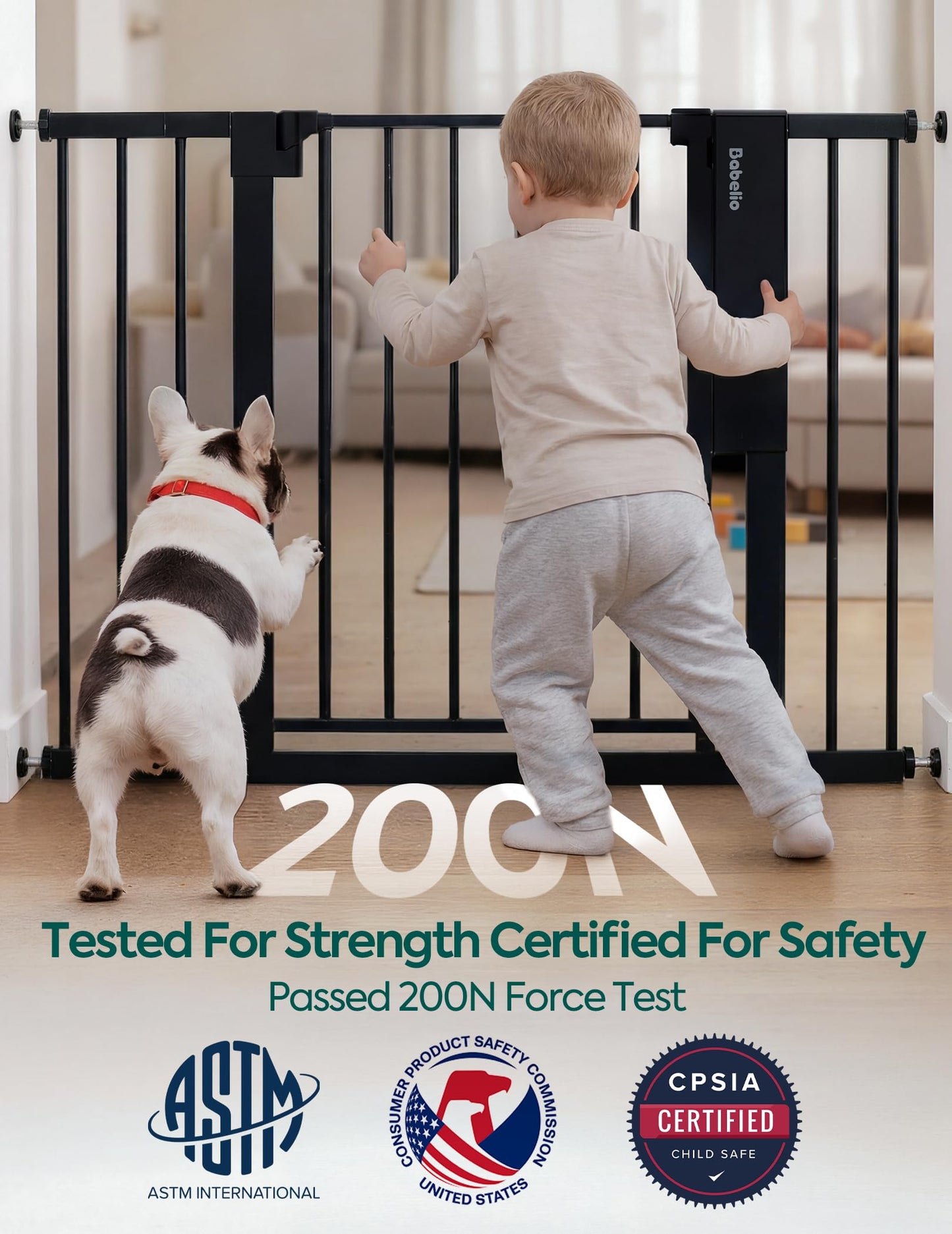 Babelio Smart Baby Gate with Auto-Unlock/Close, Pressure Mounted No Drill for Doorways/Top of Stairs. Pet/Dog Door Wide Walk Thru w/Infrared Sensor & Safety Alert (Black, 26.3-37.8" W, 30" H)