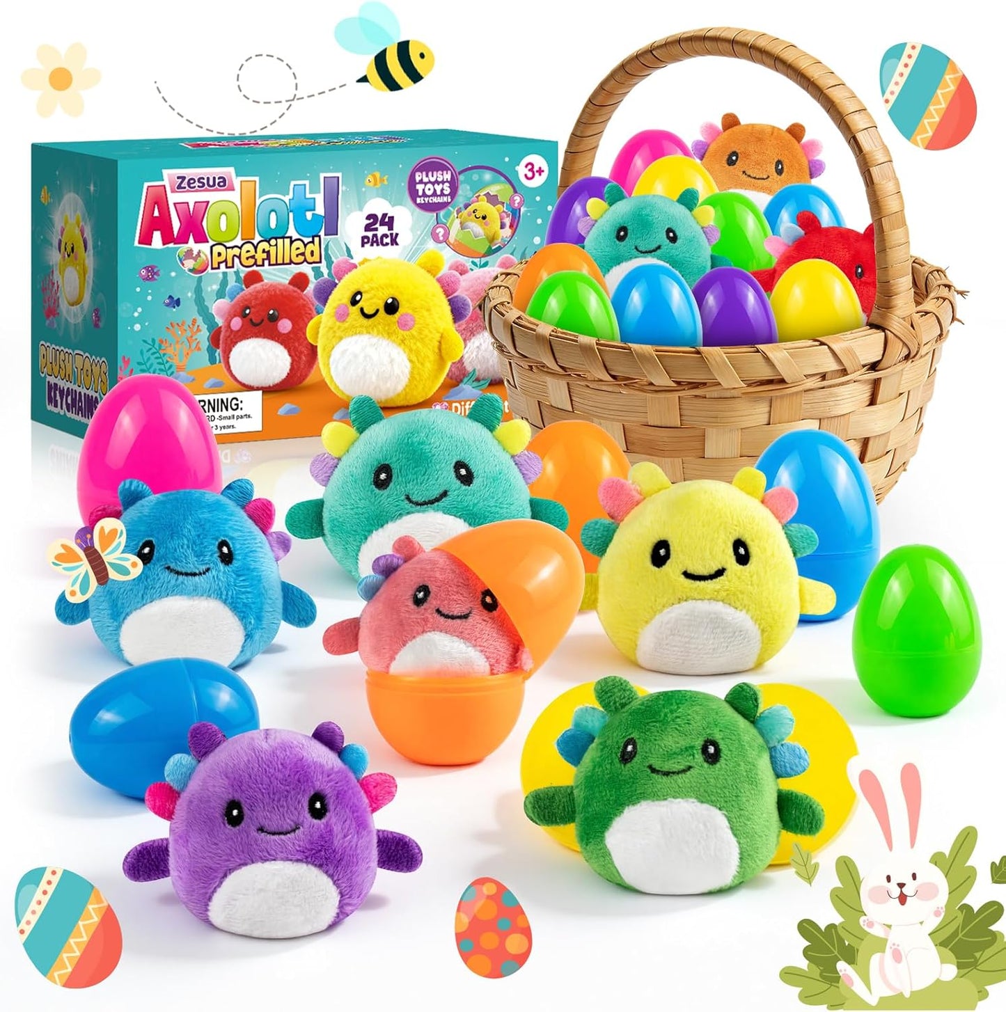 Skiennix Easter Basket Stuffers - 12 Pack Prefilled Plastic Eggs with Axolotl Plush Toys for Kids