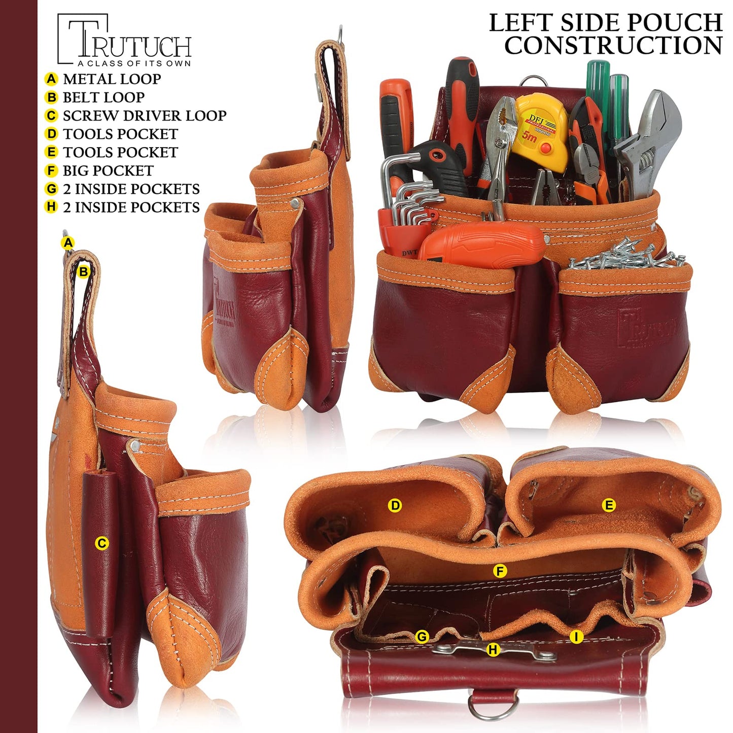 TRUTUCH Grain Leather Tool Belt | Tool Rig Set | Tool Pouch | Drywall | Carpenter Tool Bag | Leather Tool Belts for Men | Construction | Framers | Electrician (Maroon)