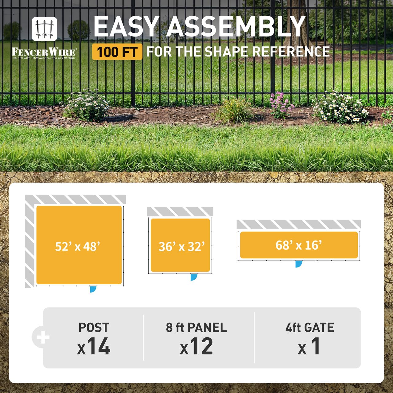 Fencer Wire 100FT Heavy Duty Flat Top Fence Barrier Kit, Anti-Rust Metal Steel Fence with 5FT Height X 8FT Width Panels, with Pinnacle Gate, Posts, Connectors, Outdoor Fencing for Yard