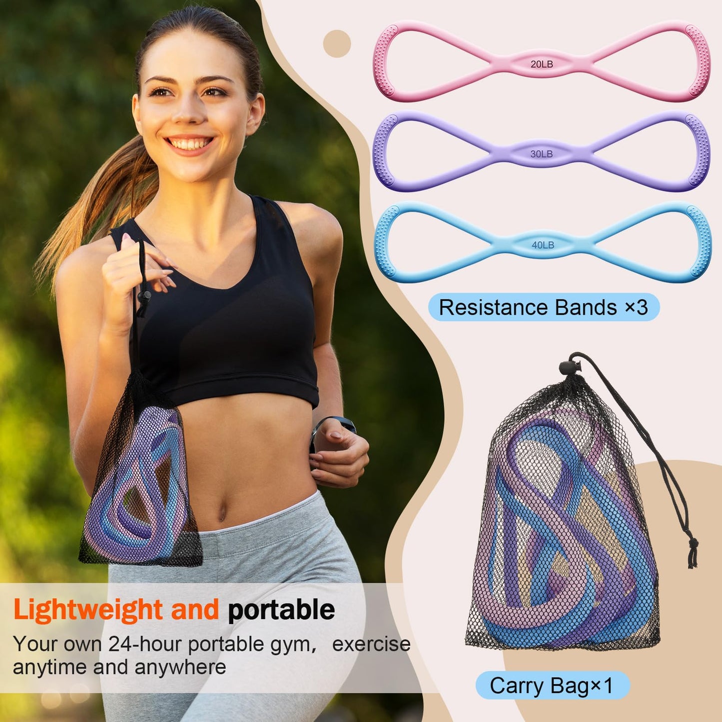 Soulchen 3 Pack Figure 8 Resistance Band with Handles, 8 Shaped Exercise Band for Back, Arms, Shoulder, Leg Stretching, Yoga, Gym Workout (20/30/40 Lbs,Pink,Purple,Blue)