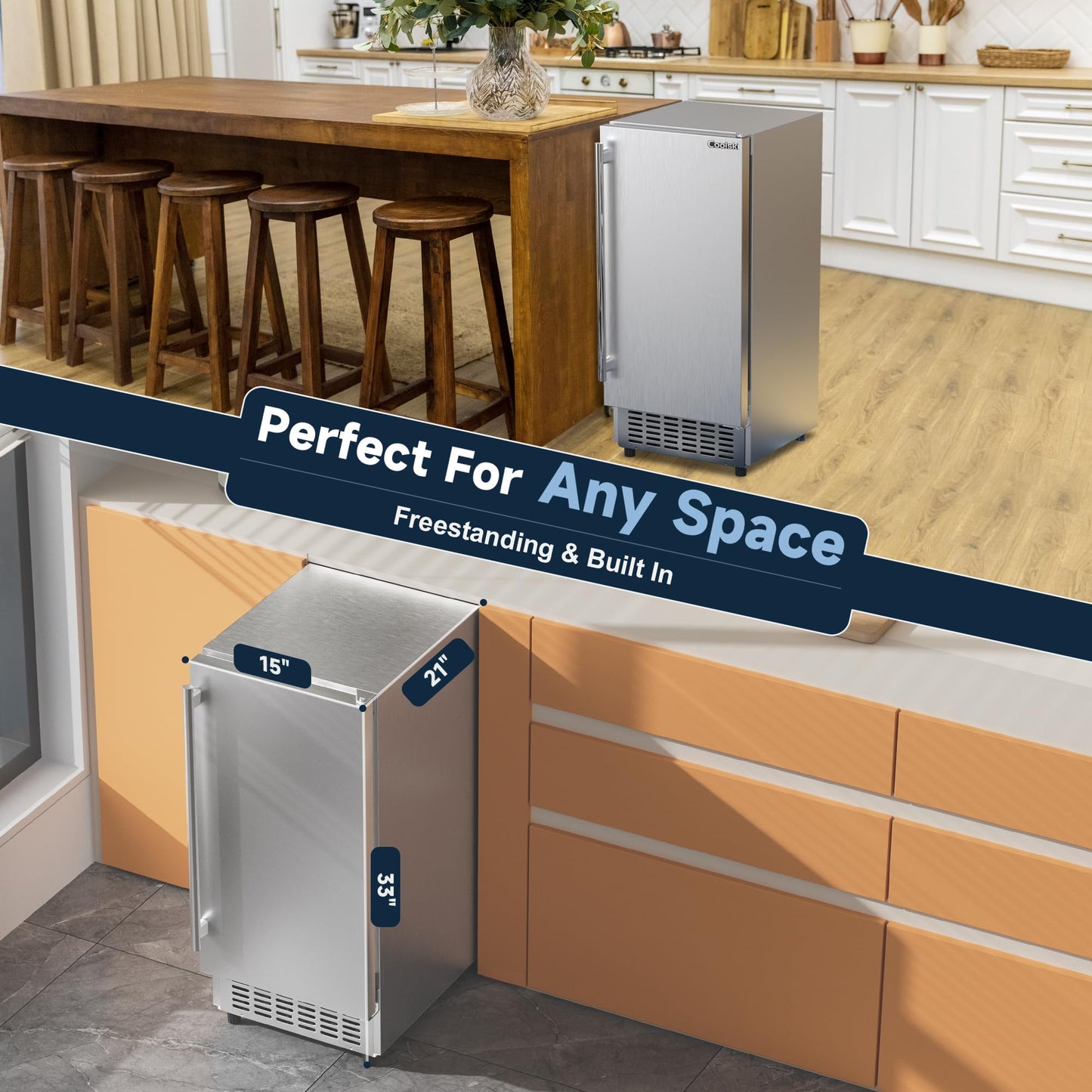 Coolski Under Counter Ice Maker Machine, Stainless Steel Built-in Freestanding Ice Maker for Commercial & Home Use, 80 Lbs/Day, 30 Lbs Storage, Self Cleaning, Thicknesses Adjustable