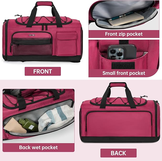 Gym Bag for Women & Men, Sports Travel Duffle Bag with Shoe Compartment, Anti-Theft Carry On Weekender Bag, Water Resistant Overnight Backpack for Airplane, Gym, Travel (Pink Black)