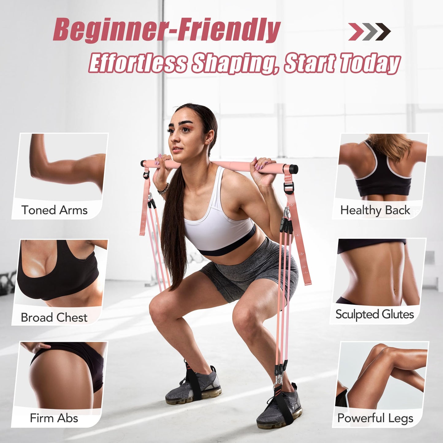 ALongSong Upgraded Pilates Bar Kit with Resistance Bands Natural Latex, Heavy-Duty Stainless Steel Multifunctional Yoga Pilates Stick for Home Gym Exercise Fitness Equipment Full-Body Workouts