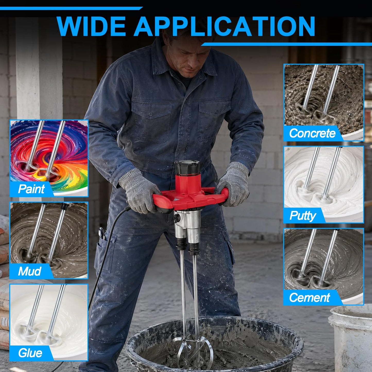Cement Mixer 2300W Handheld Electric, Double-Paddle Concrete Mud Mixer, 6 Speed Adjustable Portable Double Auger Mixer for Mortar Paint Fodder Resin